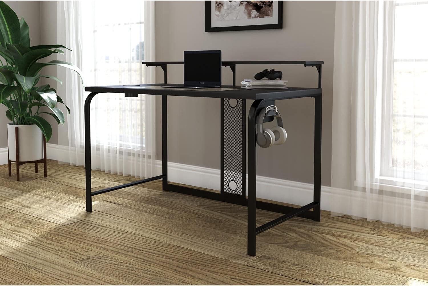 Lynxtyn 49.5" Black Contemporary Desk with USB and Cup Holder