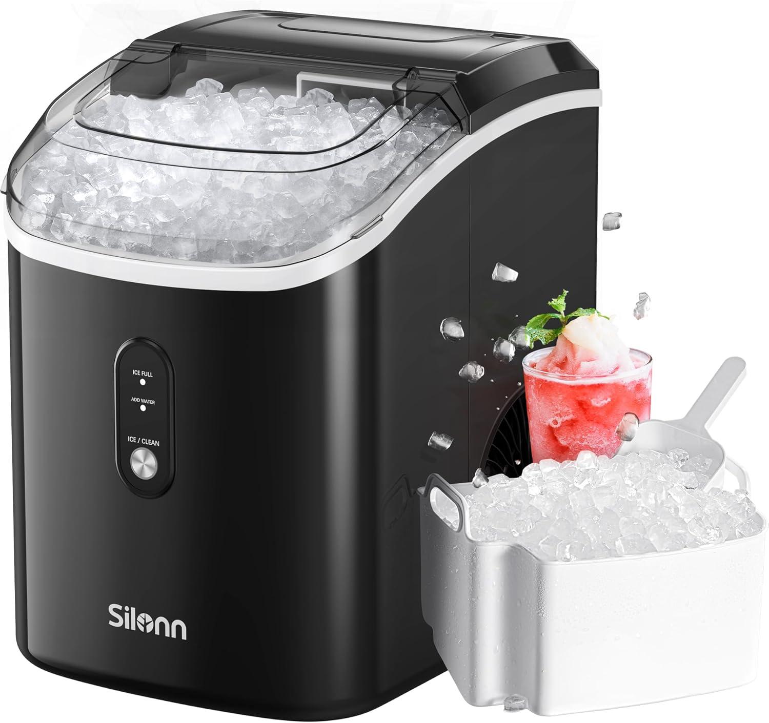 Black Portable Countertop Nugget Ice Maker with Self-Cleaning Function