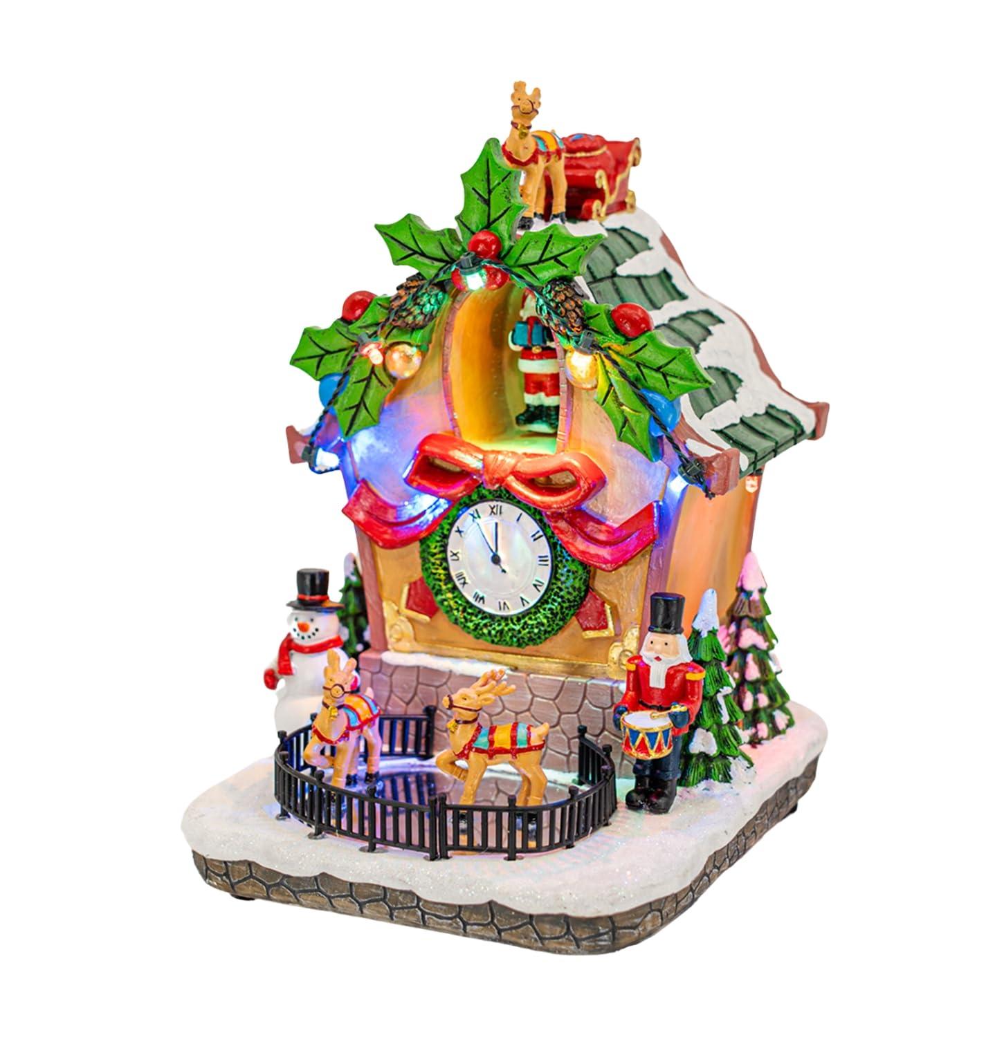 FG Square Holiday Cuckoo Clock Santa Reindeer LED Lighted Animated Christmas Village with Sound and Motion 6" x 6" x 8"