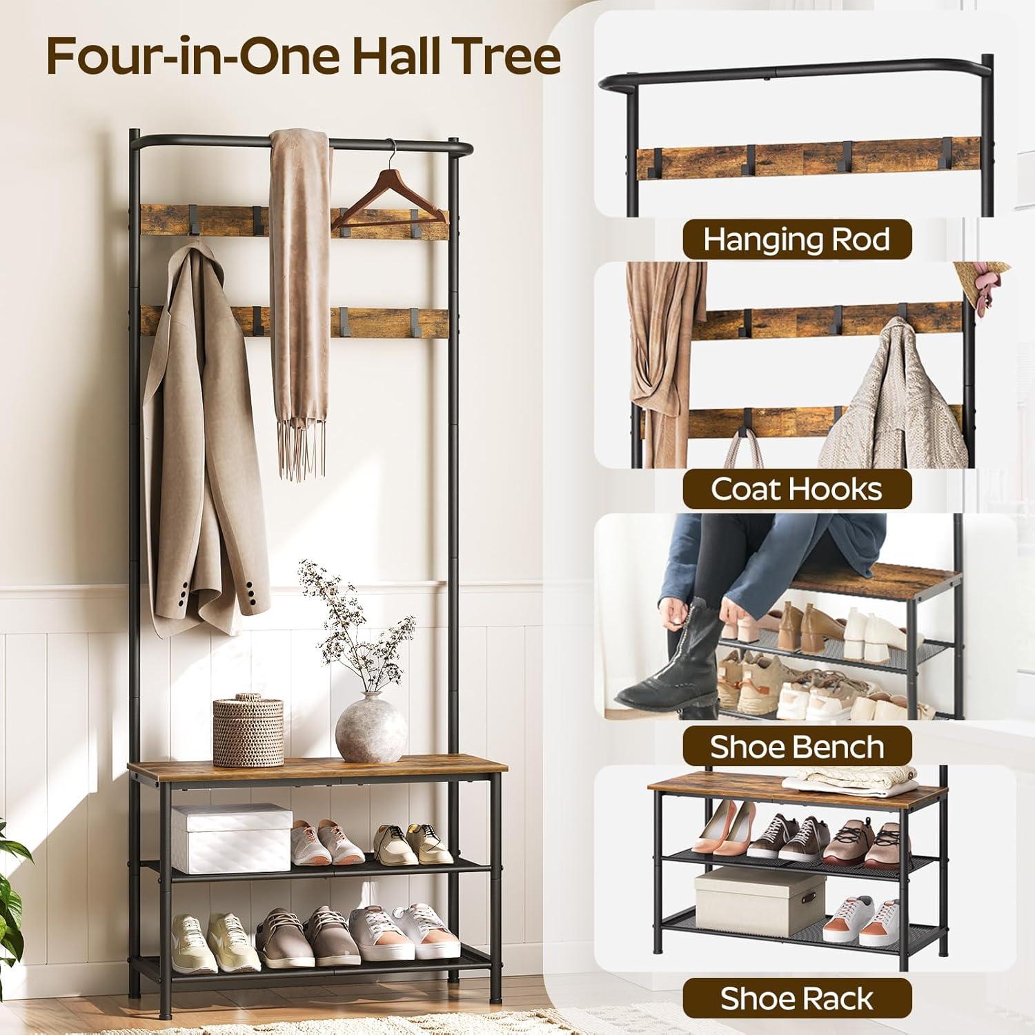 VASAGLE Hall Tree Entryway Coat Rack with Shoe Bench Rustic Walnut and Black