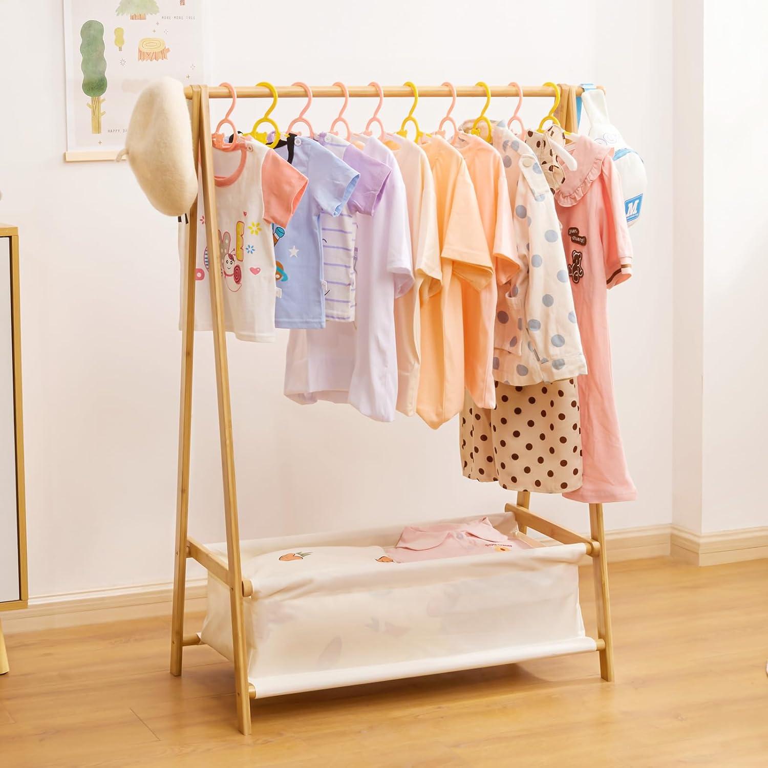 Natural Bamboo Kids Clothing Rack with Storage Box