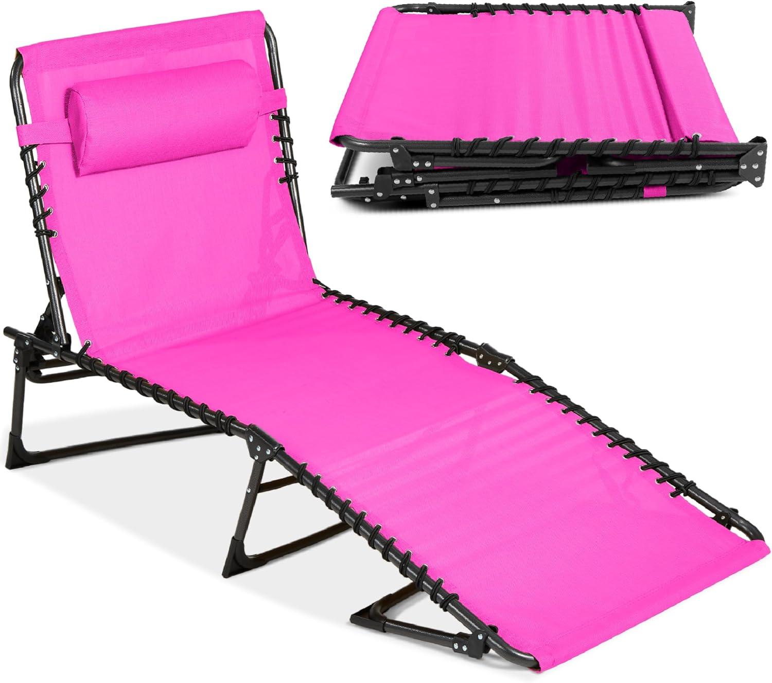 Best Choice Products Patio Chaise Lounge Chair, Outdoor Portable Adjustable Pool Recliner w/ Pillow - Dark Pink