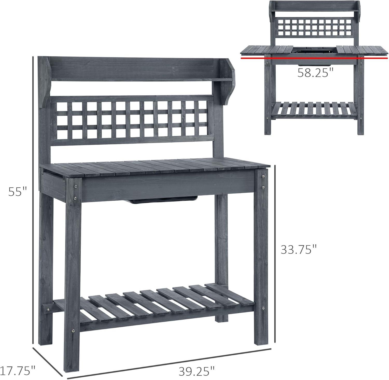 Outsunny 39'' Wooden Garden Potting Bench Work Table with Hidden Storage, Sliding Tabletop, Below Clapboard, Upper Shelf, Gray