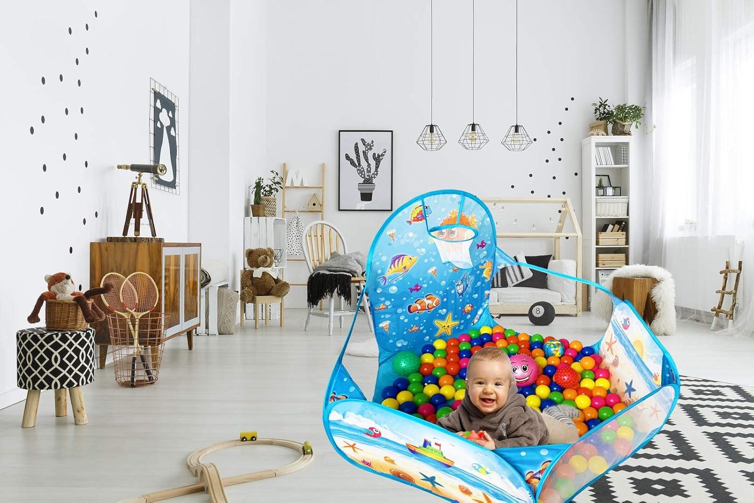 KingBee Ball Pit Pop Up Children Play Tent, Ocean Pool Baby Toddler Playpen with Basketball Hoop - Toys Gifts for Kids Girls Boys 6 Year Old - Balls Not Included (Blue)