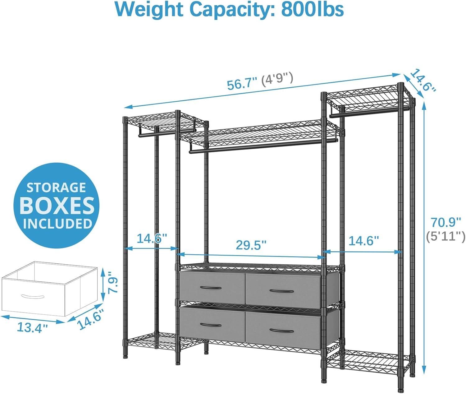 Metal Clothes Rack With 6 Shelves, 3 Hanging Rails And 4 Fabric Drawers, 56.7"L X 14.6"W X 70.9"H,