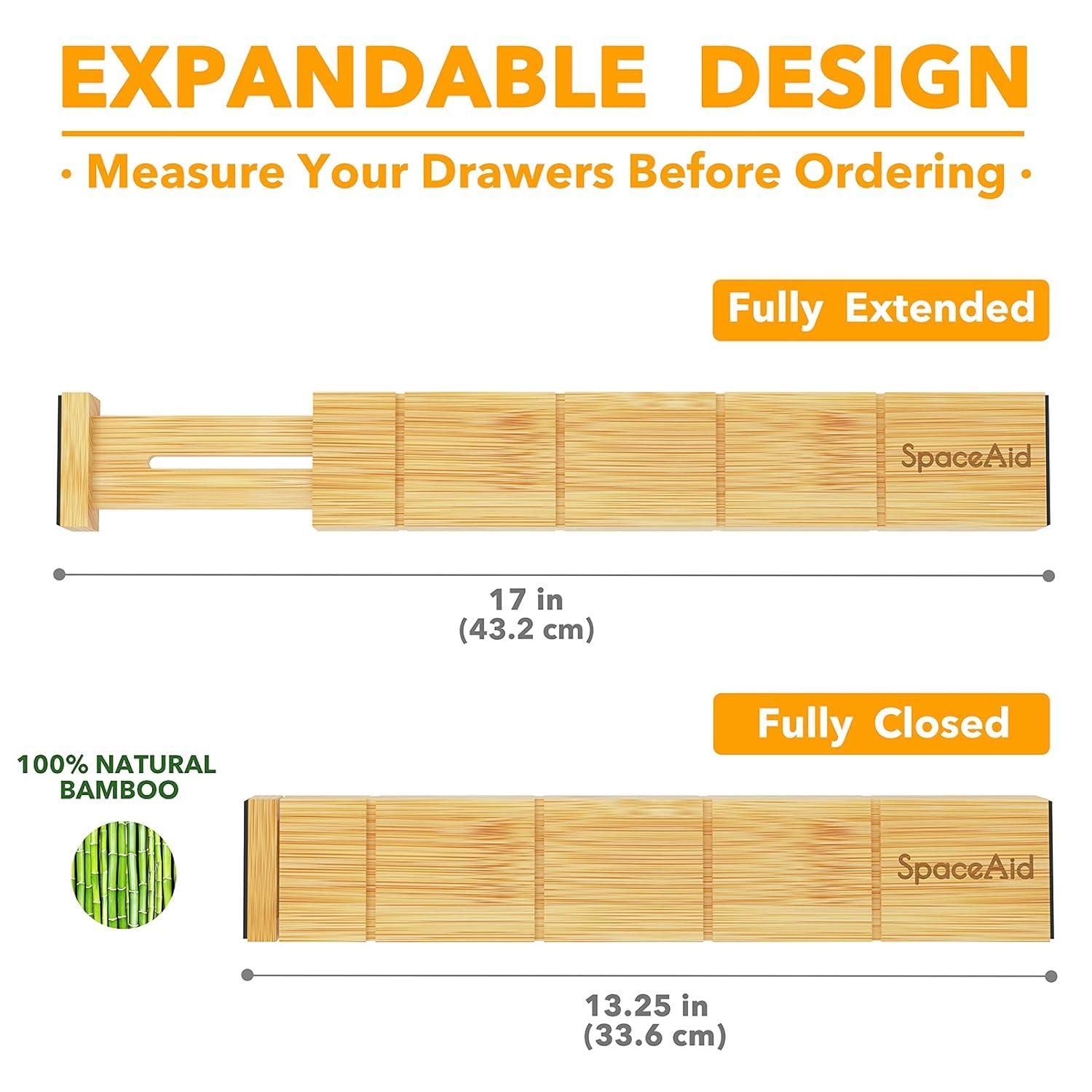 Set of 6 Bamboo Expandable Drawer Dividers with Labels,with 12 Inserts (13.25-17in)