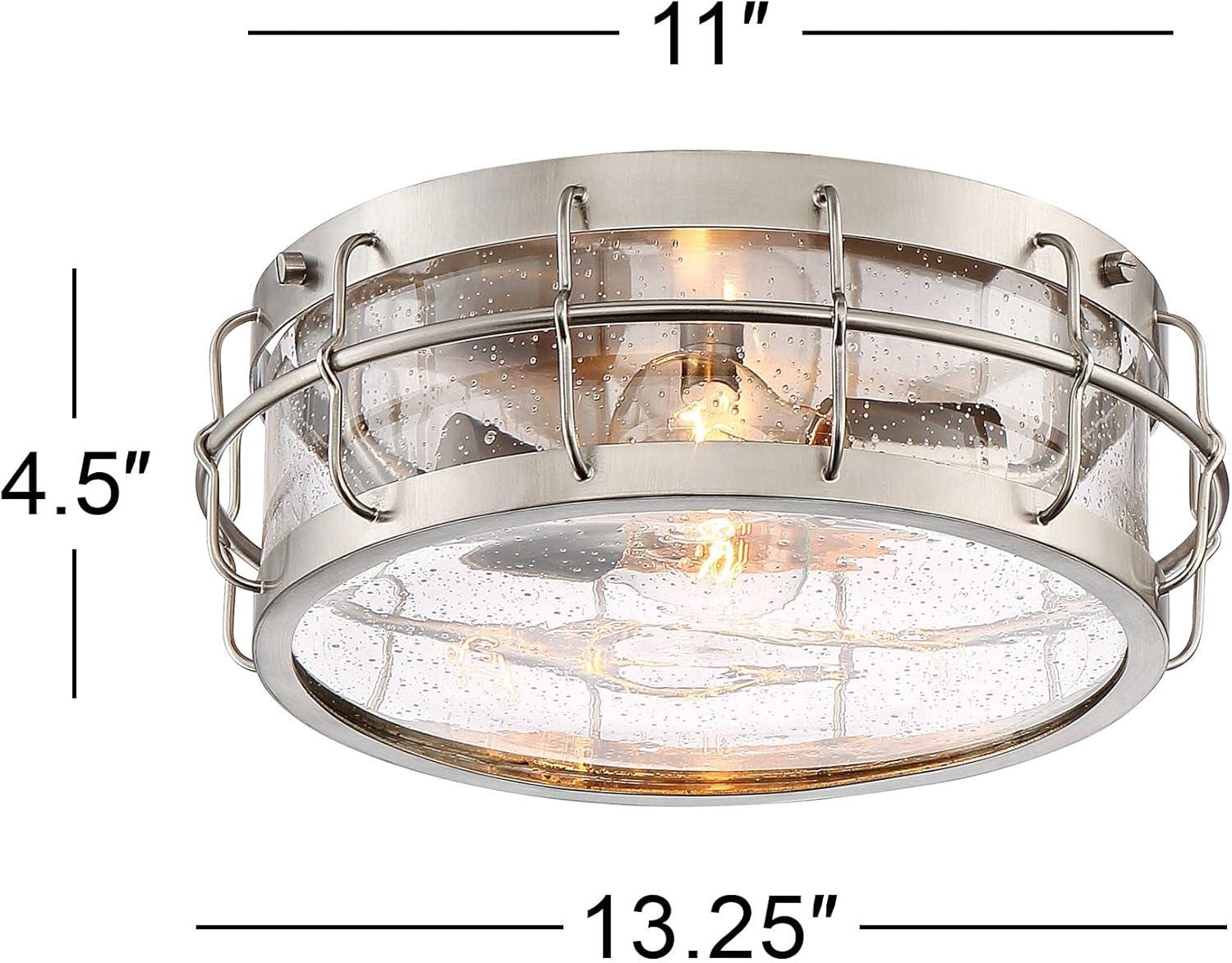 Possini Euro Design Aya Modern Industrial Ceiling Light Flush Mount Fixture 13 1/4" Wide Satin Nickel 2-Light Cage Clear Seeded Glass for Bedroom Home