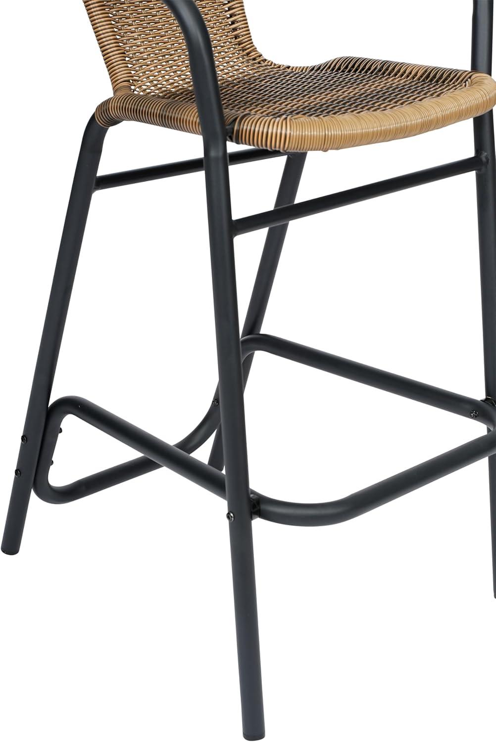 Flash Furniture Lila Set of 2 Commercial Grade Indoor-Outdoor PE Rattan Restaurant Barstool with Black Aluminum Frame and Footrest in Medium Brown