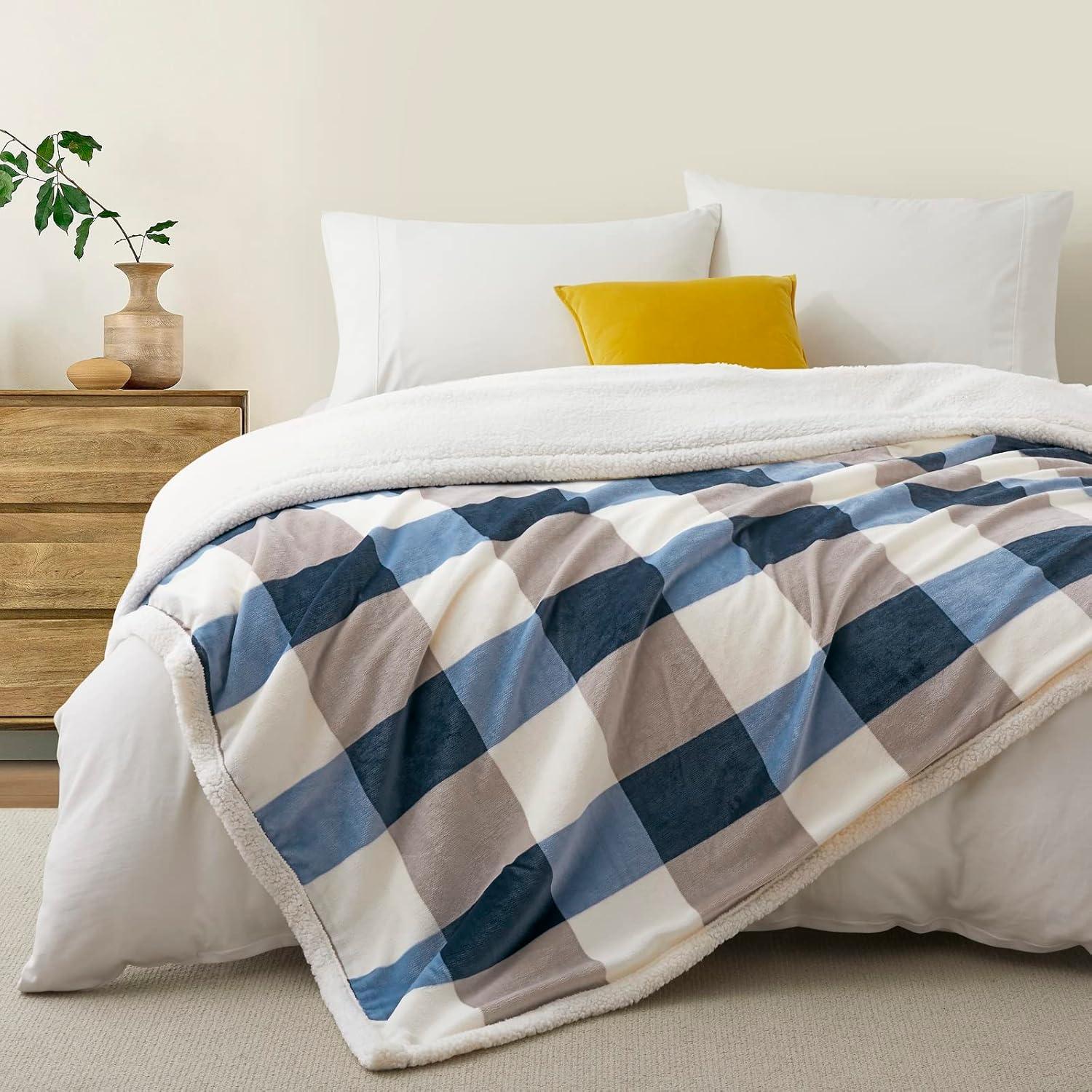 Gray and Blue Plaid Reversible Sherpa Fleece Throw Blanket