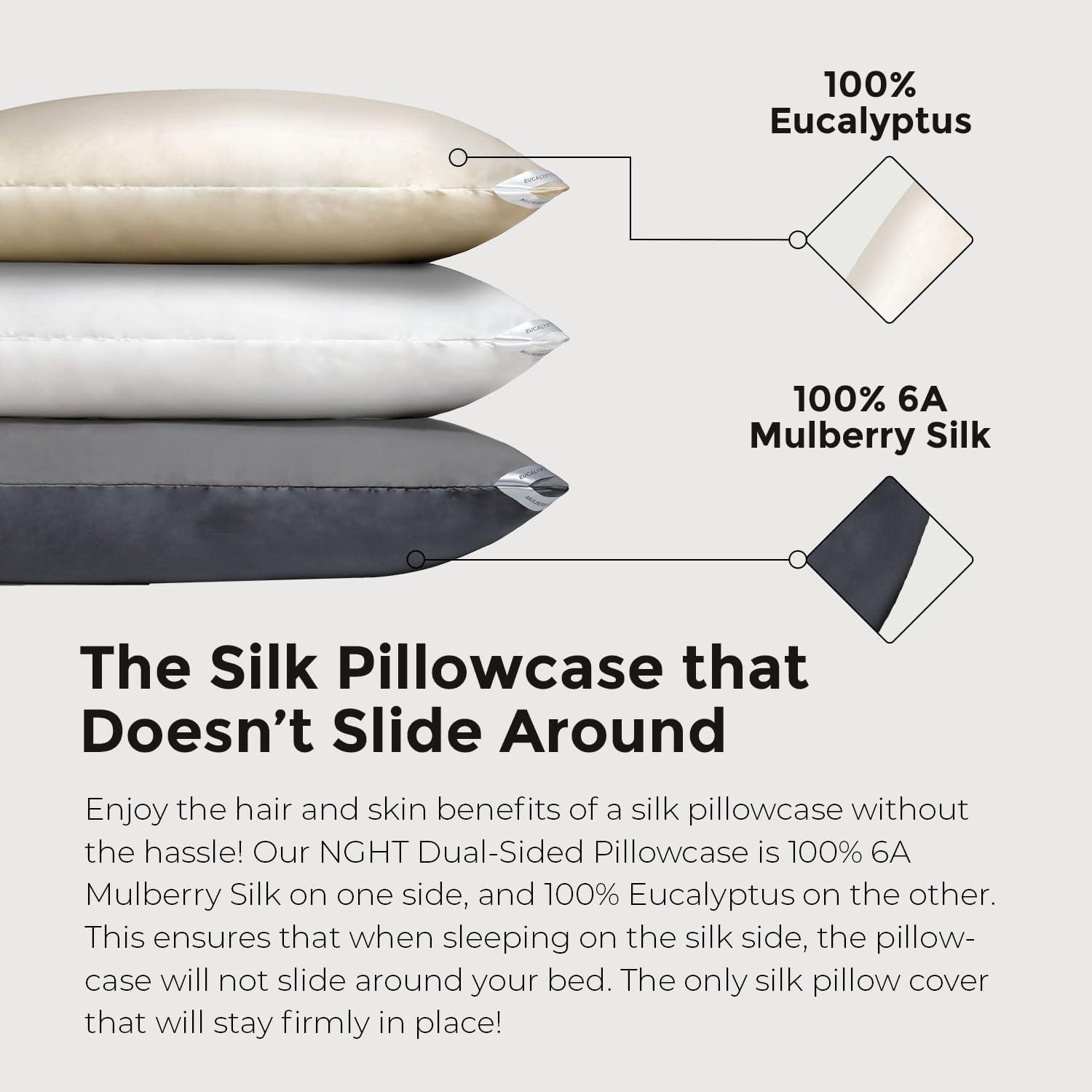 Discover Night LLC NIGHT Dual-Sided Silk Pillowcase: Reversible Mulberry Silk & Eucalyptus Gunmetal - Standard