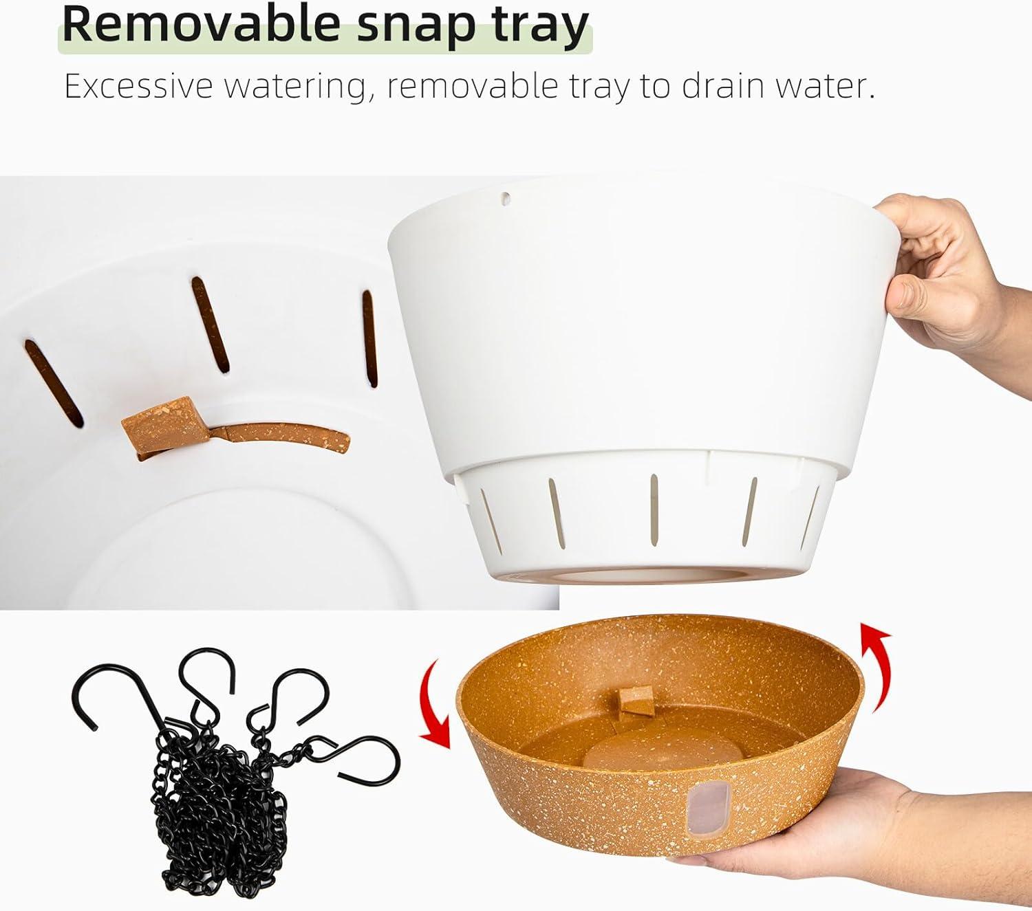 2 Pack 10 inch White Plastic Hanging Planters with 3 Hooks,Hanging Plant Pot Basket with Drainage Hole for Garden Home