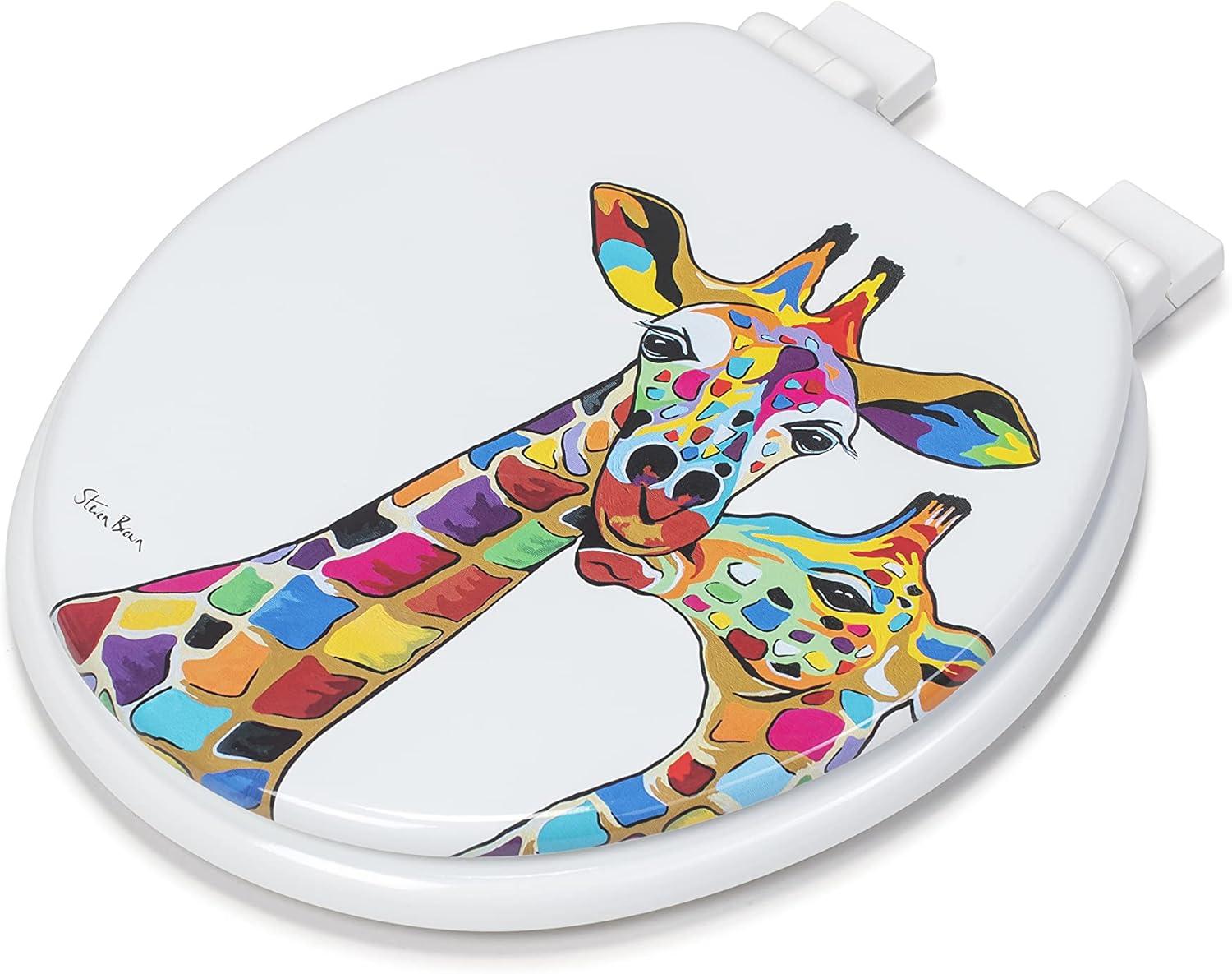 Croydex Steven Brown Artwork 19in Round Wood Toilet Seat, Colorful Giraffes Design