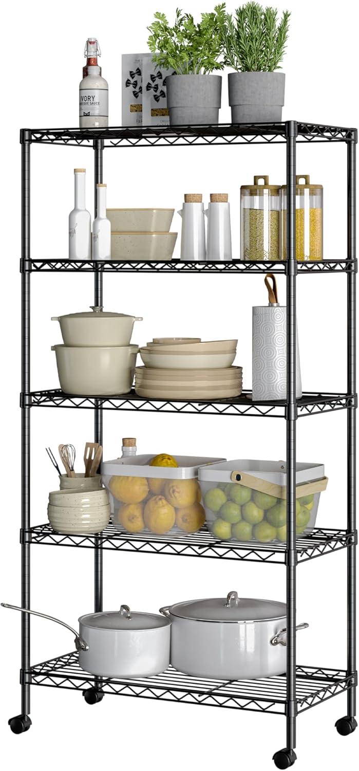 Seville Classics 5-Tier Steel Wire Shelving with Wheels, 30" W x 14" D x 60" H, Black