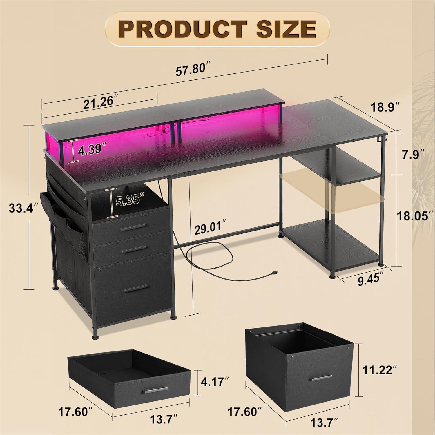 Computer Desk with 3 File Cabinet Drawers, 57.8'' Reversible Gaming Desk with LED Lights and Power Outlets, Office Desk with Storage Shelves and Dual Monitor Stand for Home & Office (Black)