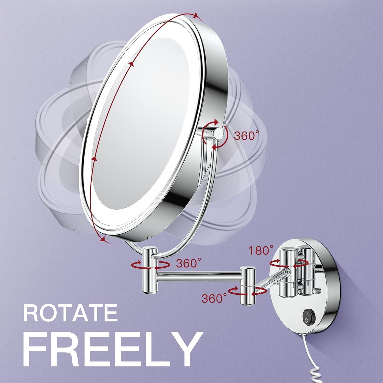 Benbilry 9" Large Size Wall Mounted Makeup Vanity Mirror, 1X/10X Magnifying Double Sided Shaving Mirror for Bathroom, 360° Swivel Extendable Arm Nickel Finish