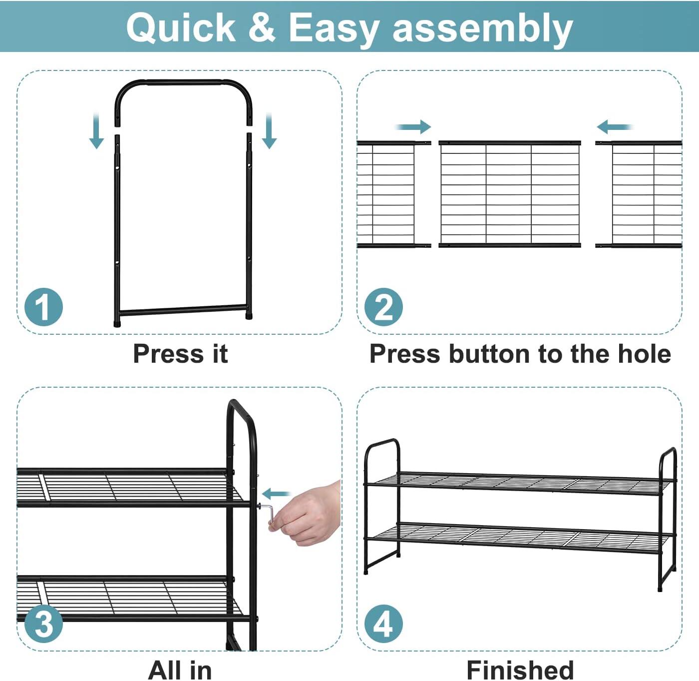 Long 2 Tier Shoe Rack for Closet Metal Wide Stackable Shoe Storage Organizer for Entryway, Bedroom, Floor, 18-Pairs Low Shoe Shelf, Black