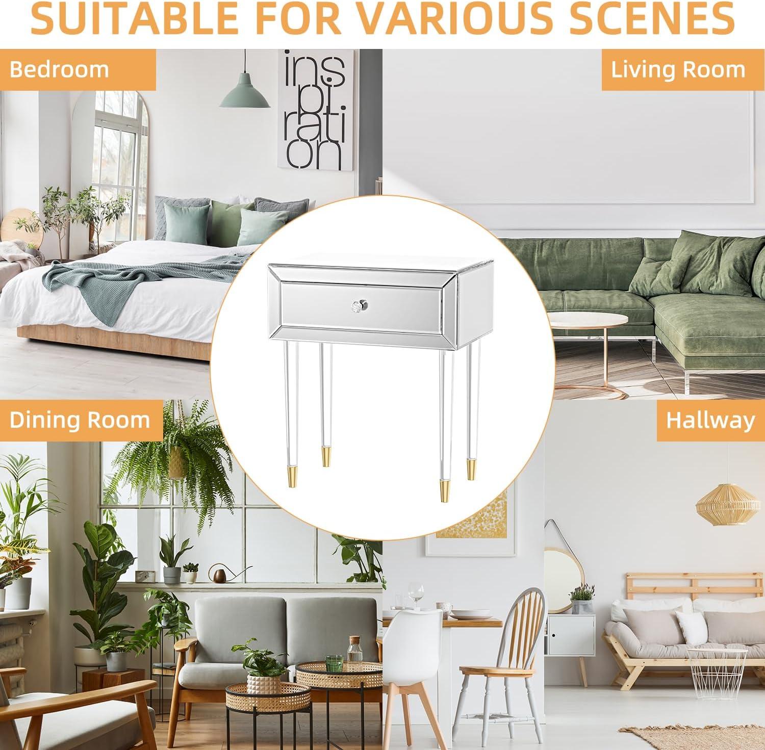 Mirrored Nightstand, Modern End Table with Drawer, Bedside Tables with Acrylic Legs for Bedroom, Living Room, Silver