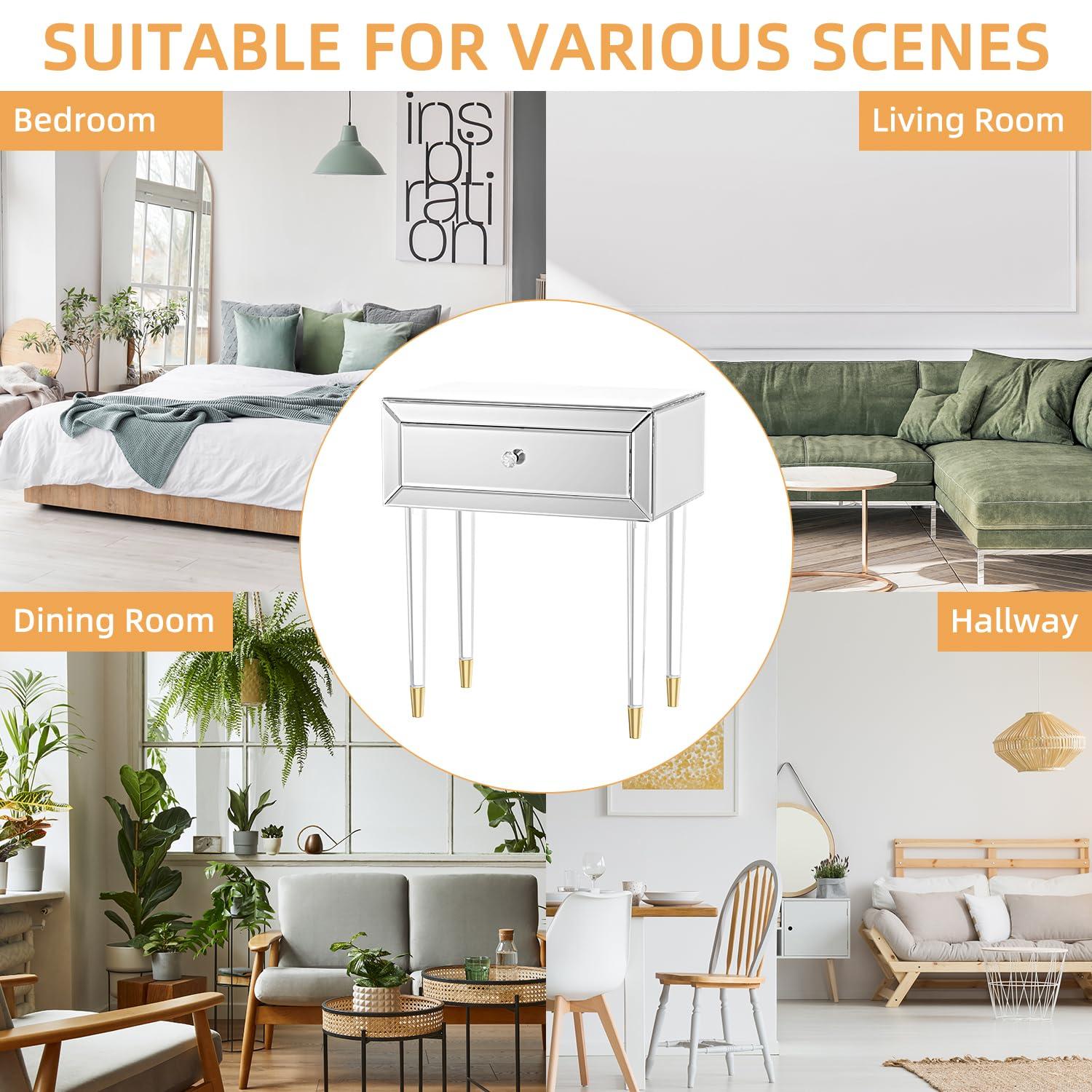 Mirrored Nightstand, Modern End Table with Drawer, Bedside Tables with Acrylic Legs for Bedroom, Living Room, Silver