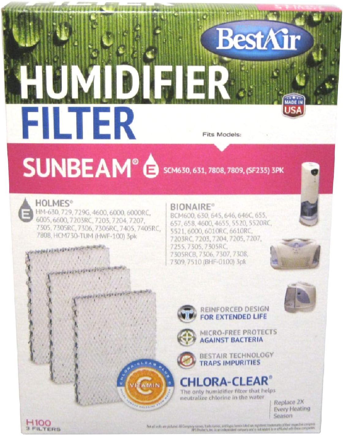 BestAir H100 Humidifier Replacement Wick Filter for Holmes models 5.8" x 7.8" x 3.4" (3 Filters)