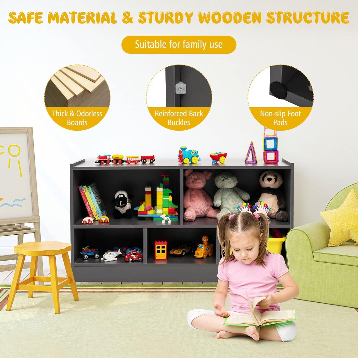 Costway Kids 2-Shelf Bookcase 5-Cube Wood Toy Storage Cabinet Organizer Grey