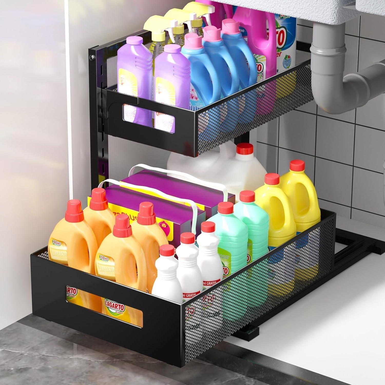 Black Adjustable Height 2-Tier Under Sink Organizer with Sliding Drawers