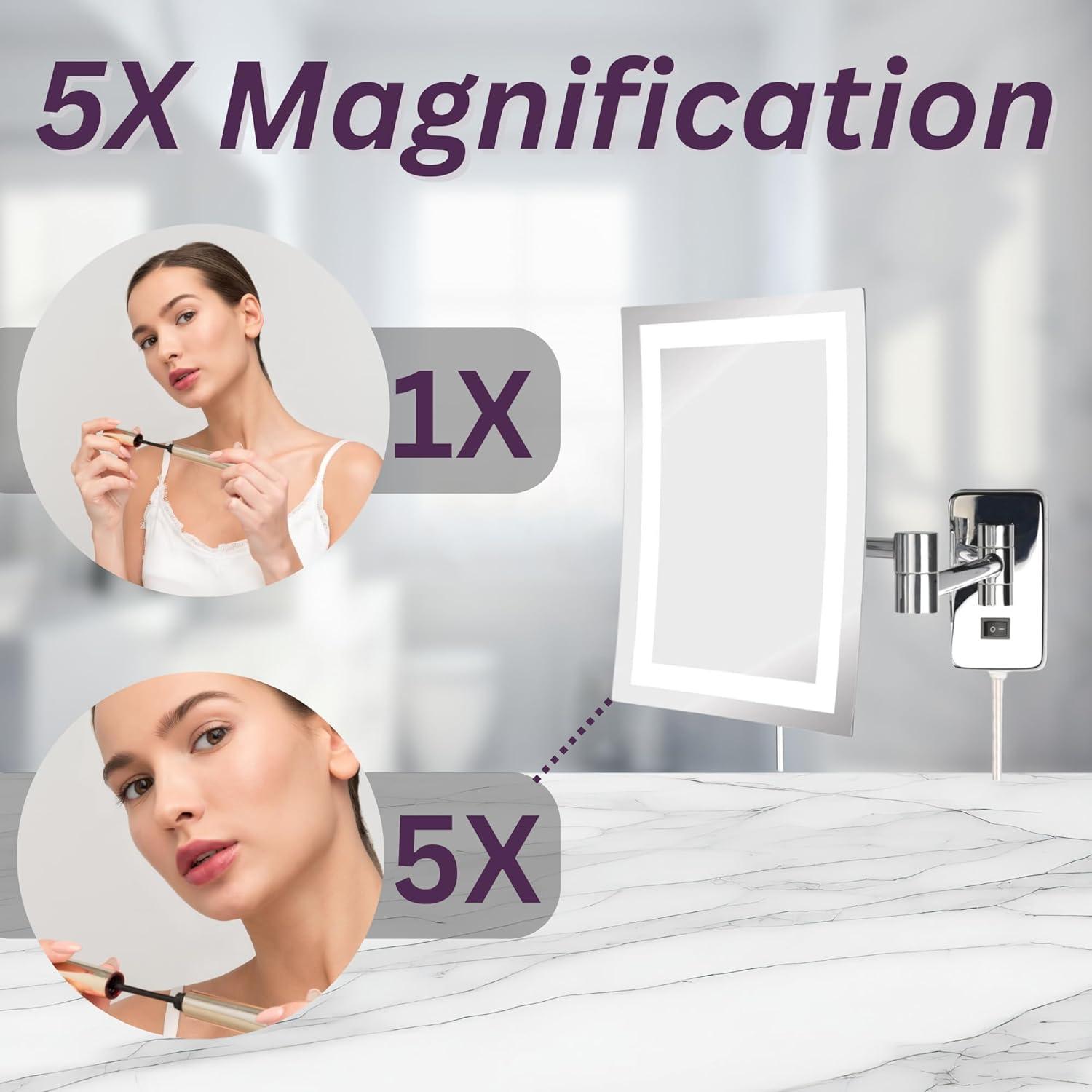 Jerdon 6.5-Inch x 9-Inch Rectangular Wall Mount Makeup Mirror with 5X Magnification and 15.5-Inch Wall Extension - Chrome Finish - Model JRT710CL