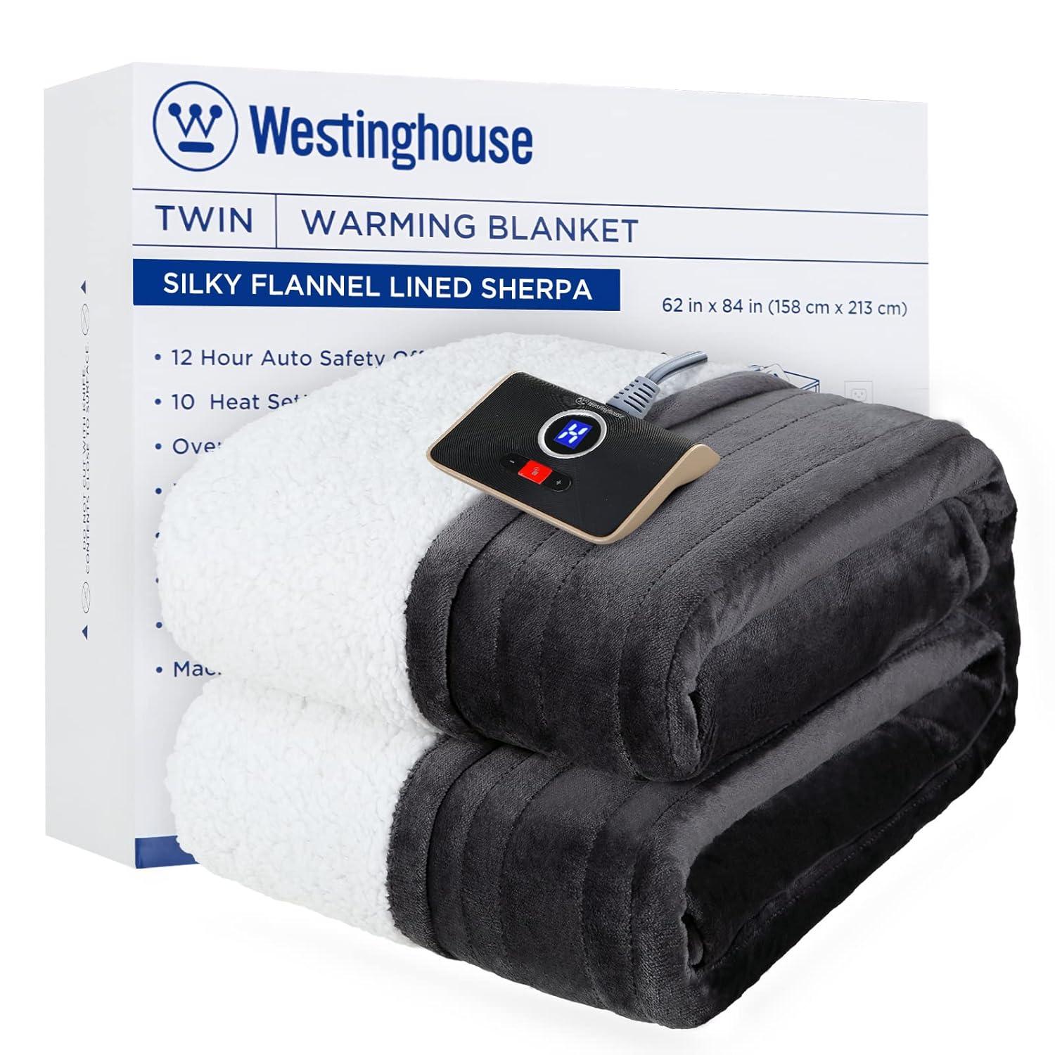 Westinghouse Heated Blanket Twin Size, Soft Flannel to Sherpa Electric Blanket with 10 Heating Levels, 12 Hours Auto Off, Fast Heating, Machine Washable, 62x84 Inch, Charcoal