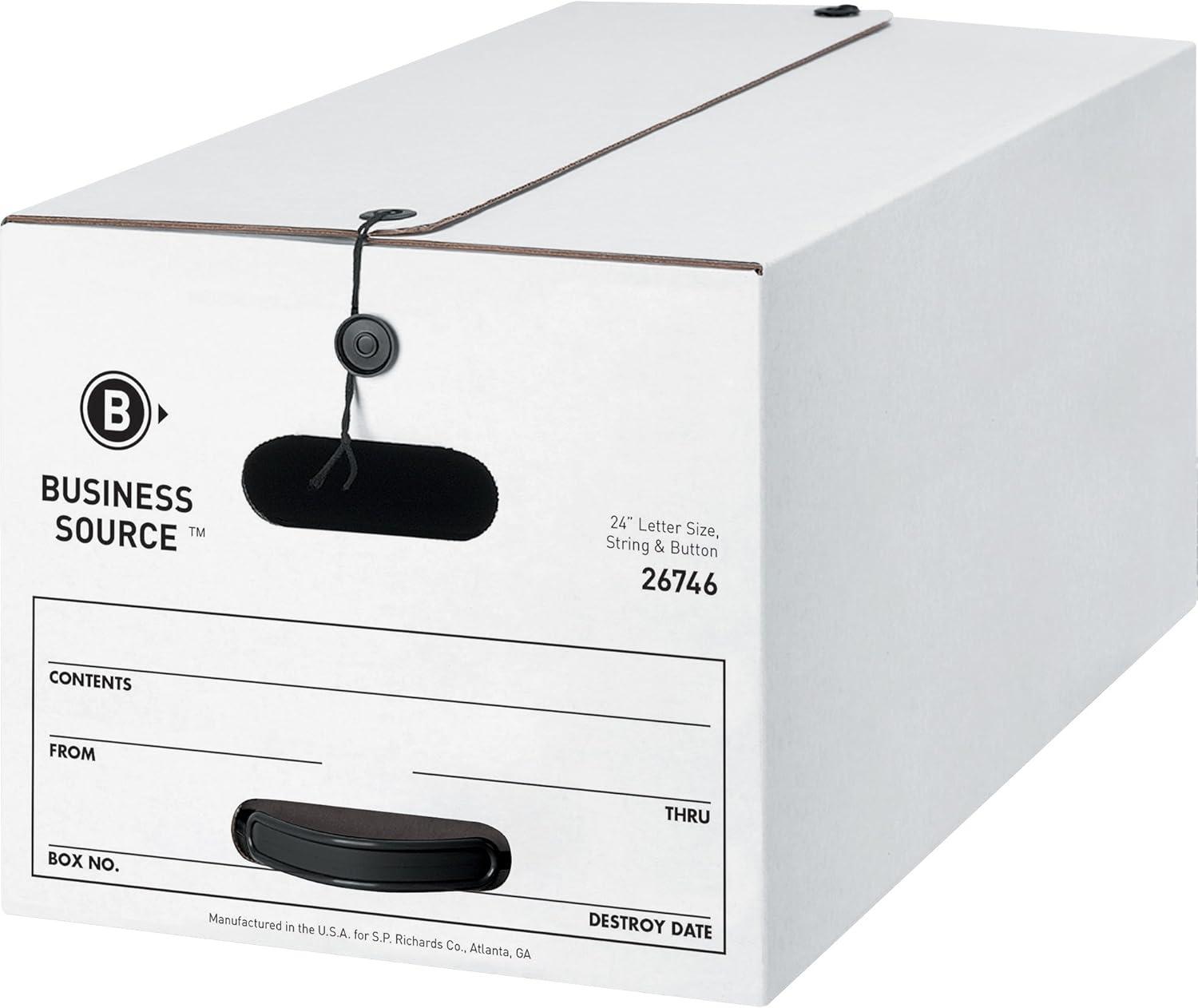 Business Source Medium Duty Letter Size Storage Box Internal Dimensions: 12" Width x 24" Depth x 10" Height - External Dimensions: 12.3" Width x 24.1" Depth x 10.8" Height - Media Size Supported: Lett