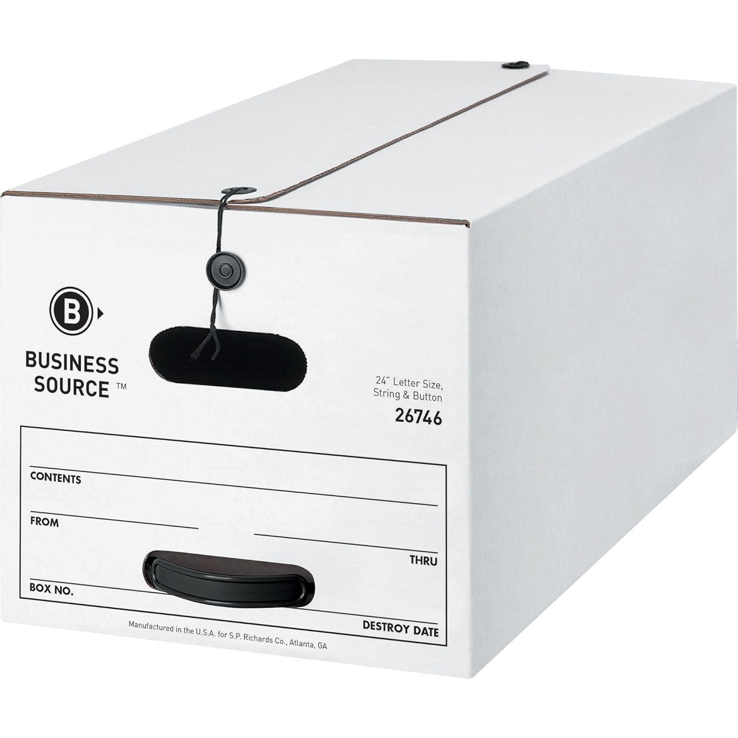 Business Source Medium Duty Letter Size Storage Box Internal Dimensions: 12" Width x 24" Depth x 10" Height - External Dimensions: 12.3" Width x 24.1" Depth x 10.8" Height - Media Size Supported: Lett