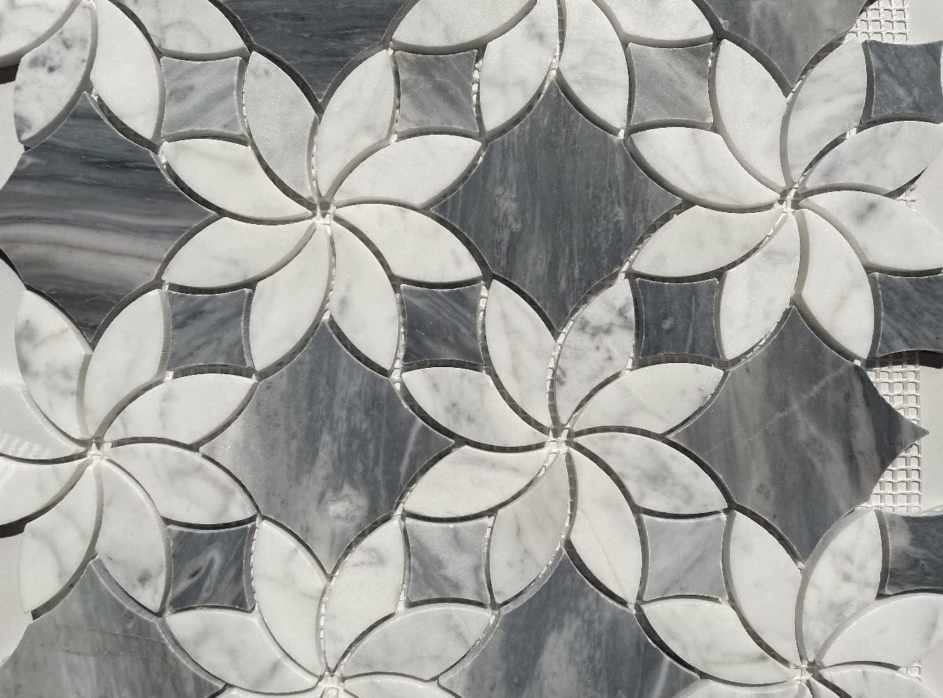 Stone Center Online Carrara White Marble Ice Flower Blossom Waterjet Mosaic Tile w/Bardiglio Gray Polished Kitchen Bath Wall Floor Backsplash Shower (1 Sheet)
