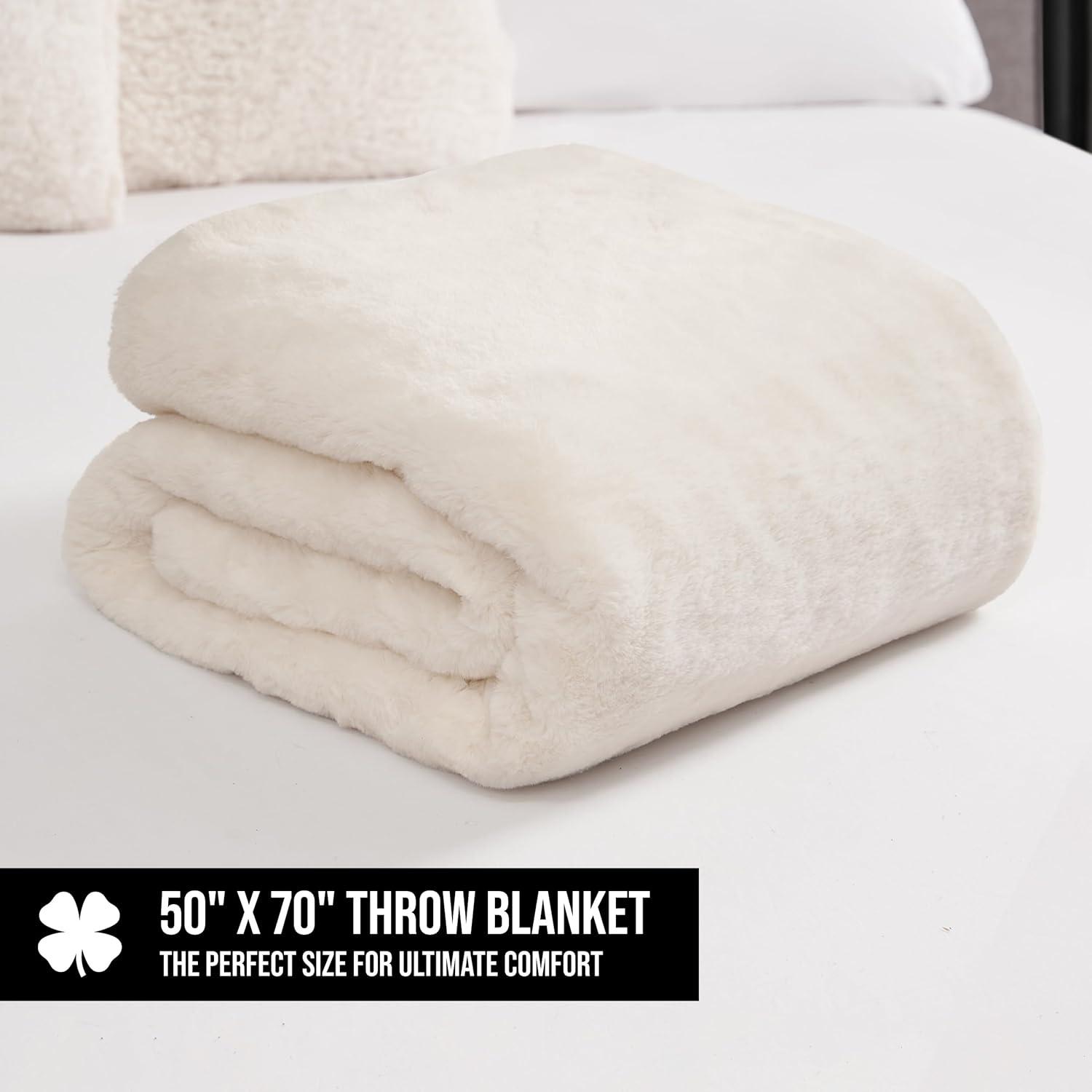 Lucky Brand Solid Rabbit Mink Faux Fur Throw Blanket, Plush Faux Fur Blanket for Sofa or Bed, 50"x70", White Ivory