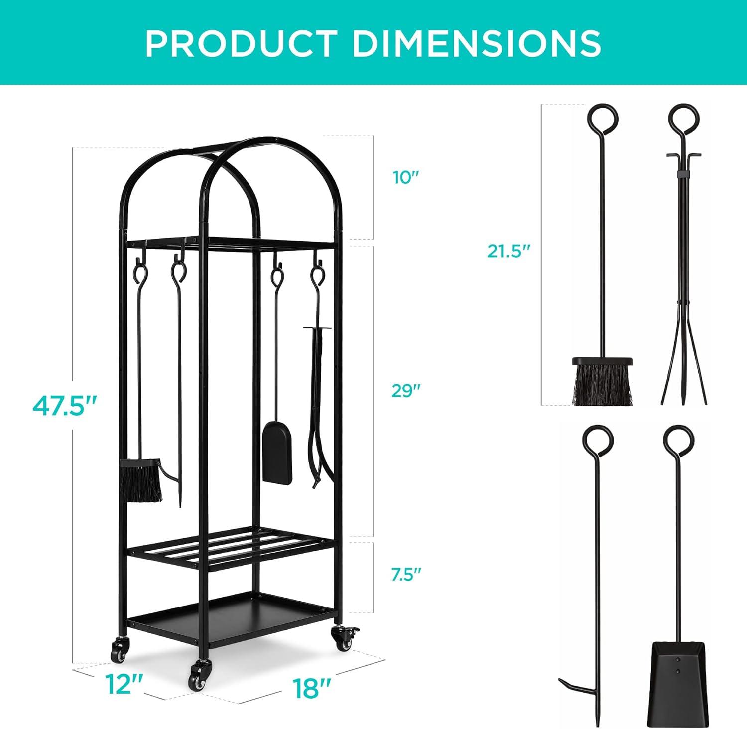 Best Choice Products 4ft 3-Tier Firewood Log Rack, Vertical Wrought Iron Holder for Home w/ 4-Piece Tool Set, Wheels