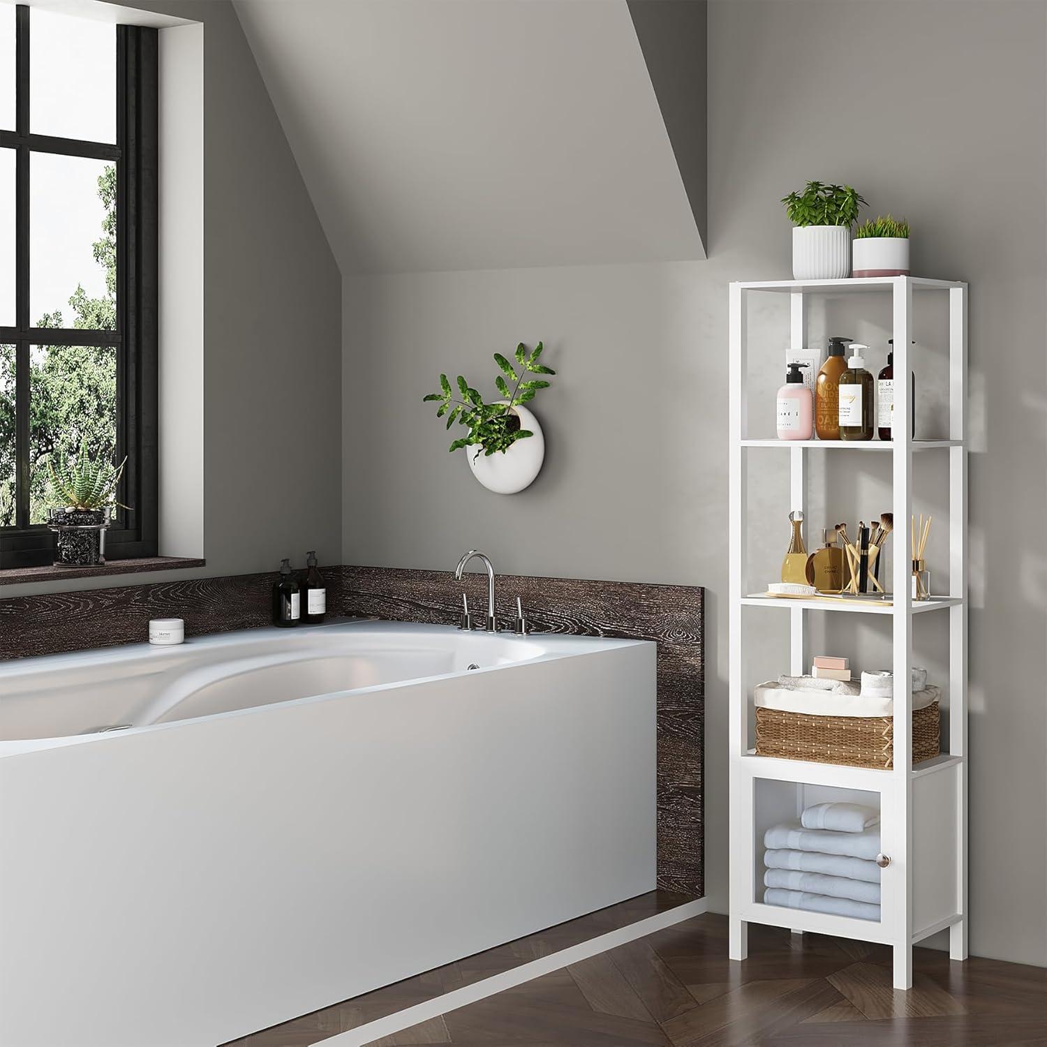 TUTOTAK 5 Tier Bookcase and Bookshelf, Narrow Book Shelf with Door for Small Space, for Living Room, Office, Study, Entryway, White BS03BW005