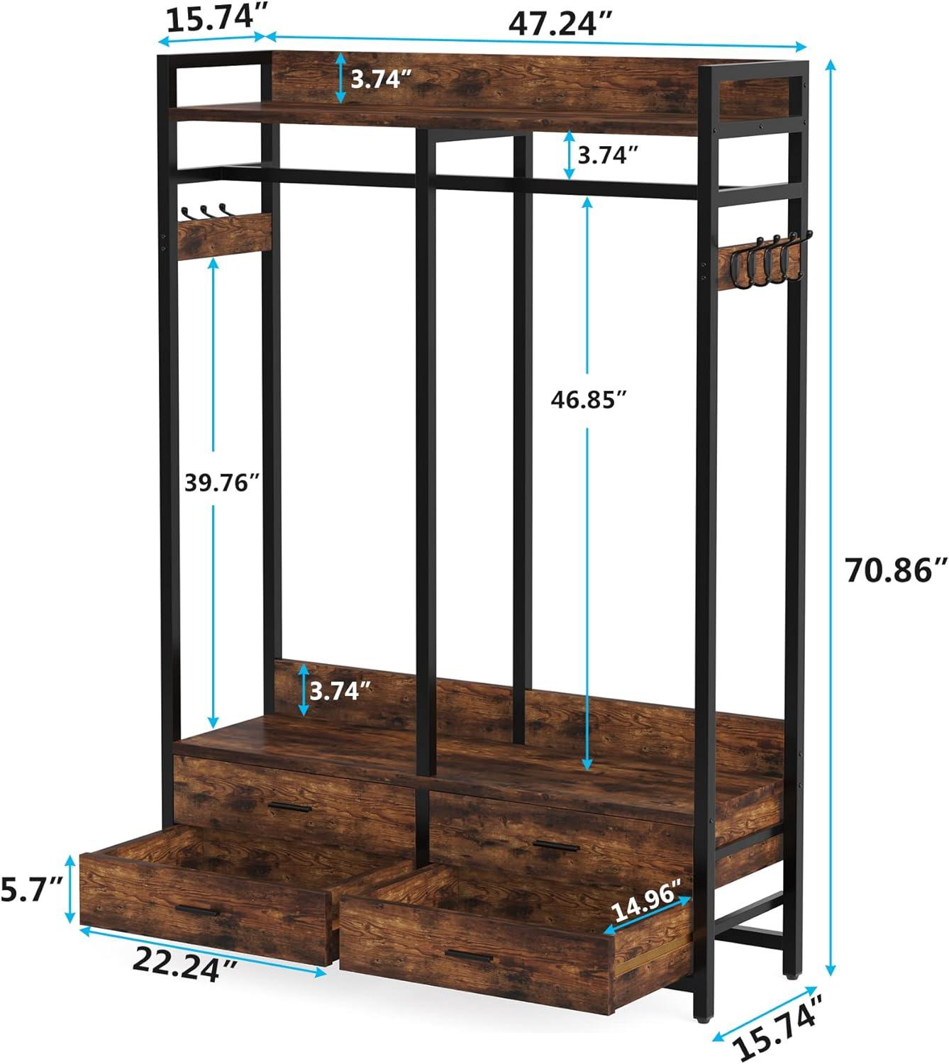 Tribesigns Freestanding Closet Organizer for Hanging Clothes, 47" Heavy Duty Garment Organizer with 4 Drawers and 8 Hooks, Garment Rack for Bedroom, Living Room, Entrance, Rustic Brown