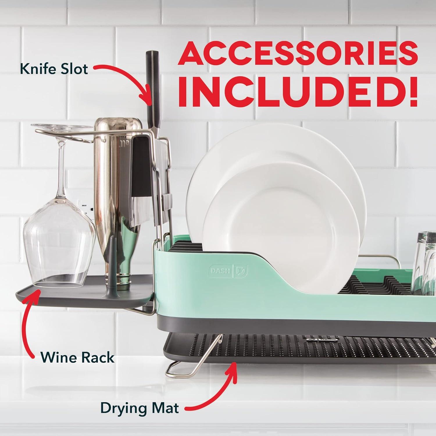 Aqua Metal Dish Rack with Utensil Cup and Drainage Spout