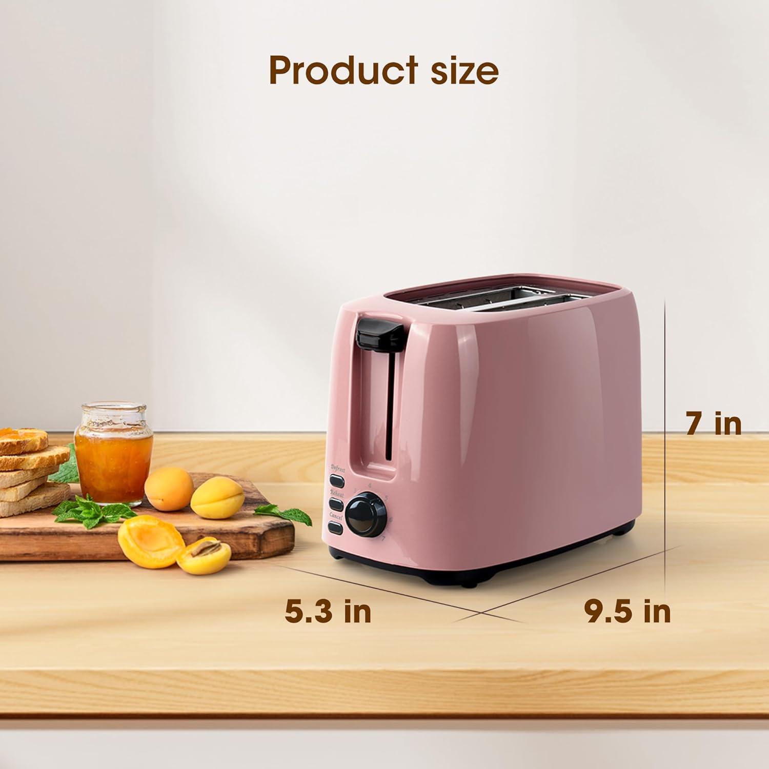 iSiLER 2 Slice Toaster, 1.3 Inches Wide Slot Bagel Toaster with 7 Shade Settings and Double Side Baking, Removable Crumb Tray, Defrost Cancel Function Pink