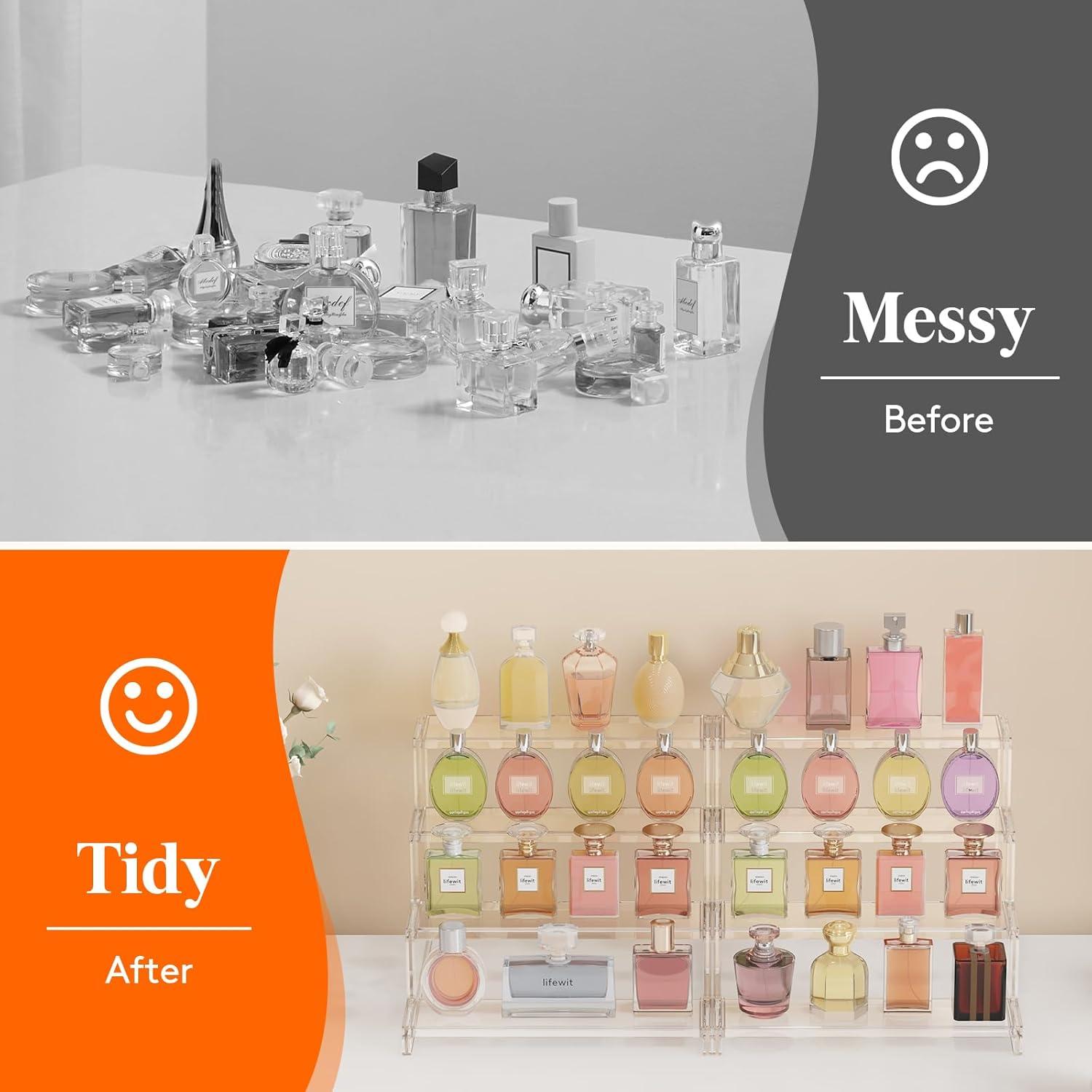 Lifewit 4 Tier Clear Display Risers Stand With Decorative Fences, Plastic 12 Inch Perfume Organizer, Display For Figures, Cupcake, Dessert, Desktop Stand For Organization And Decor, 1 Pack