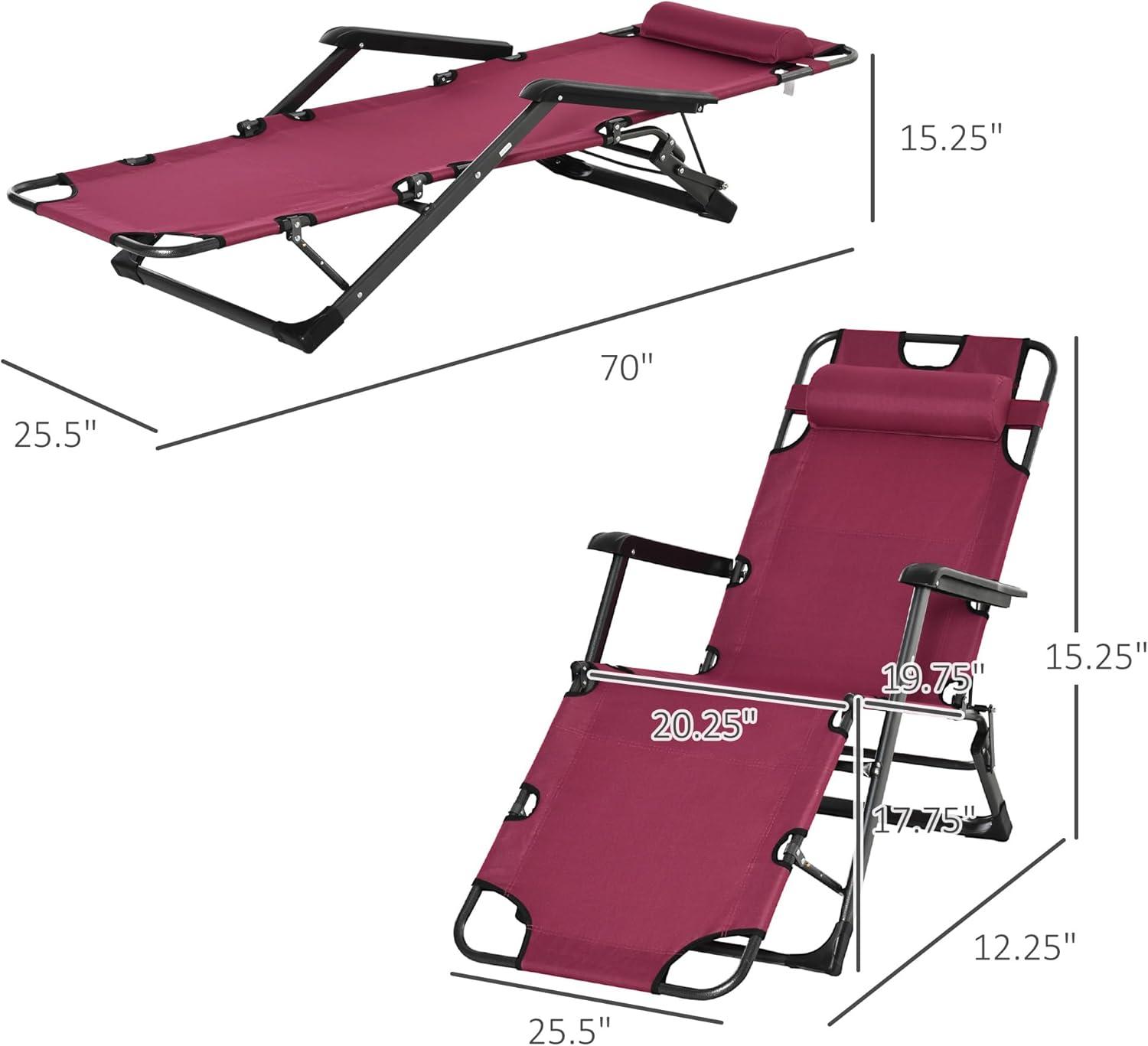 Red Adjustable Metal Frame Outdoor Chaise Lounge with Pillow