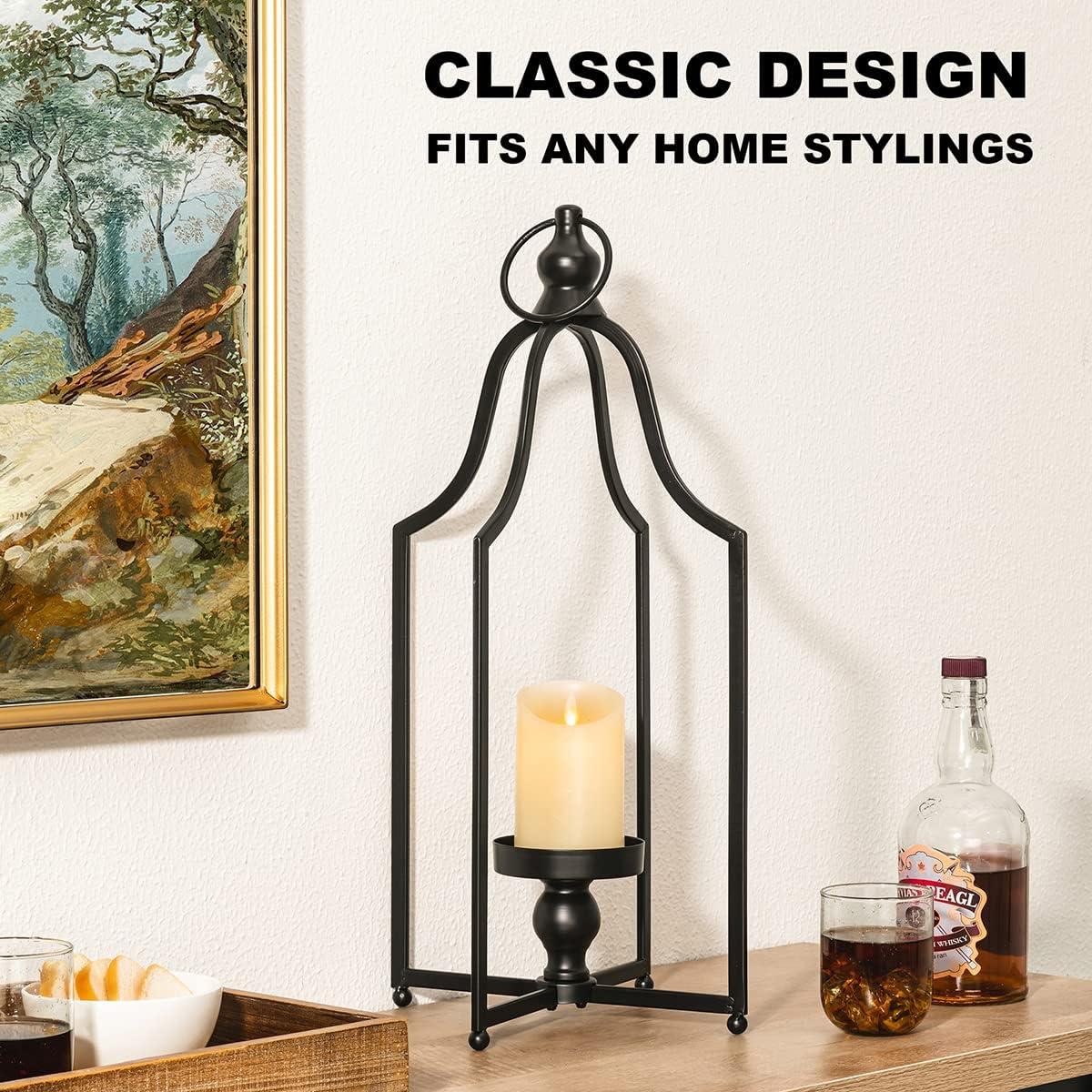 Glitzhome Modern Farmhouse Metal Lanterns Decorative Hanging Candle Lanterns Distressed Black Set of 2 (Small)