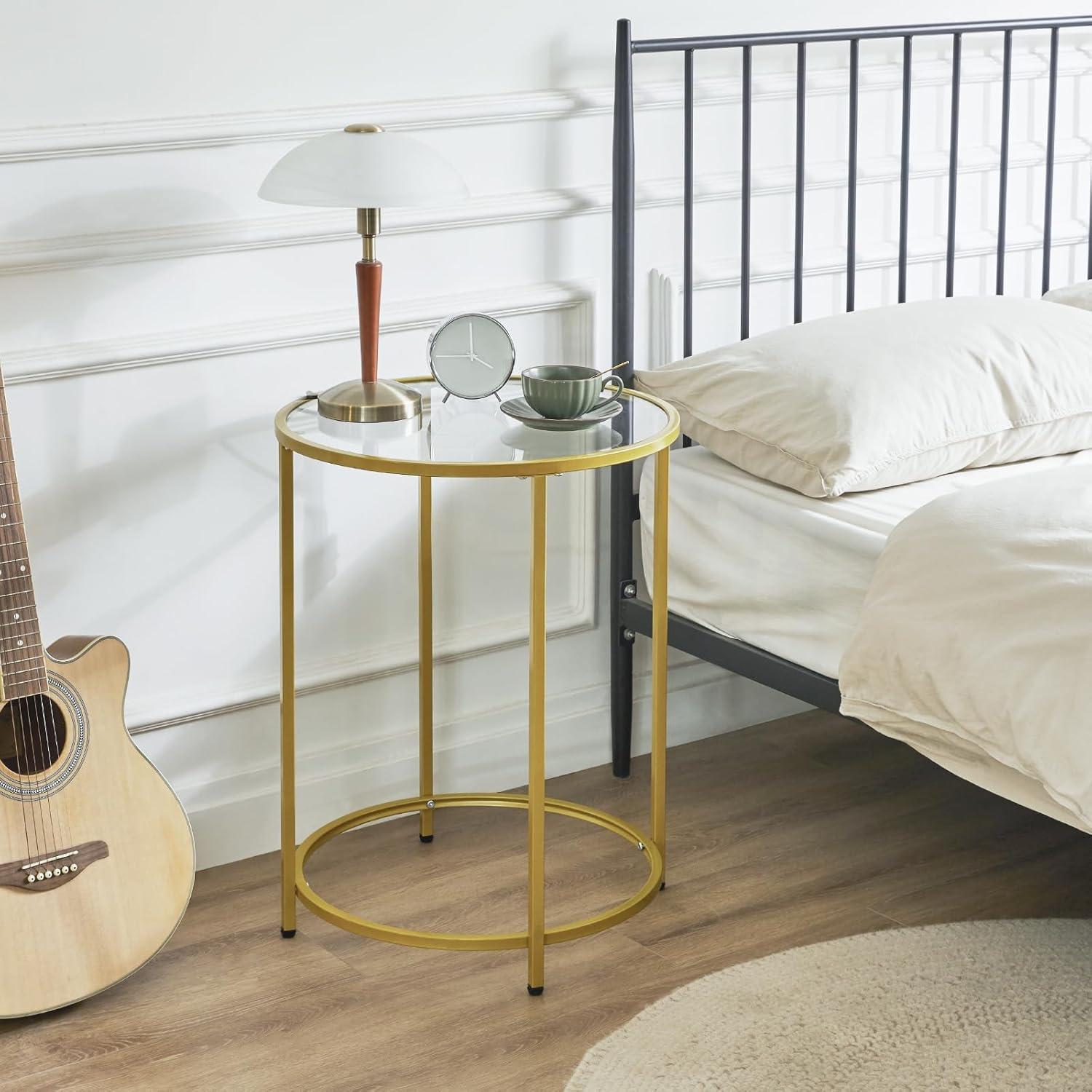 VASAGLE Round Side Table, Glass End Table with Metal Frame, Laurel Green Coffee Table with Modern Style