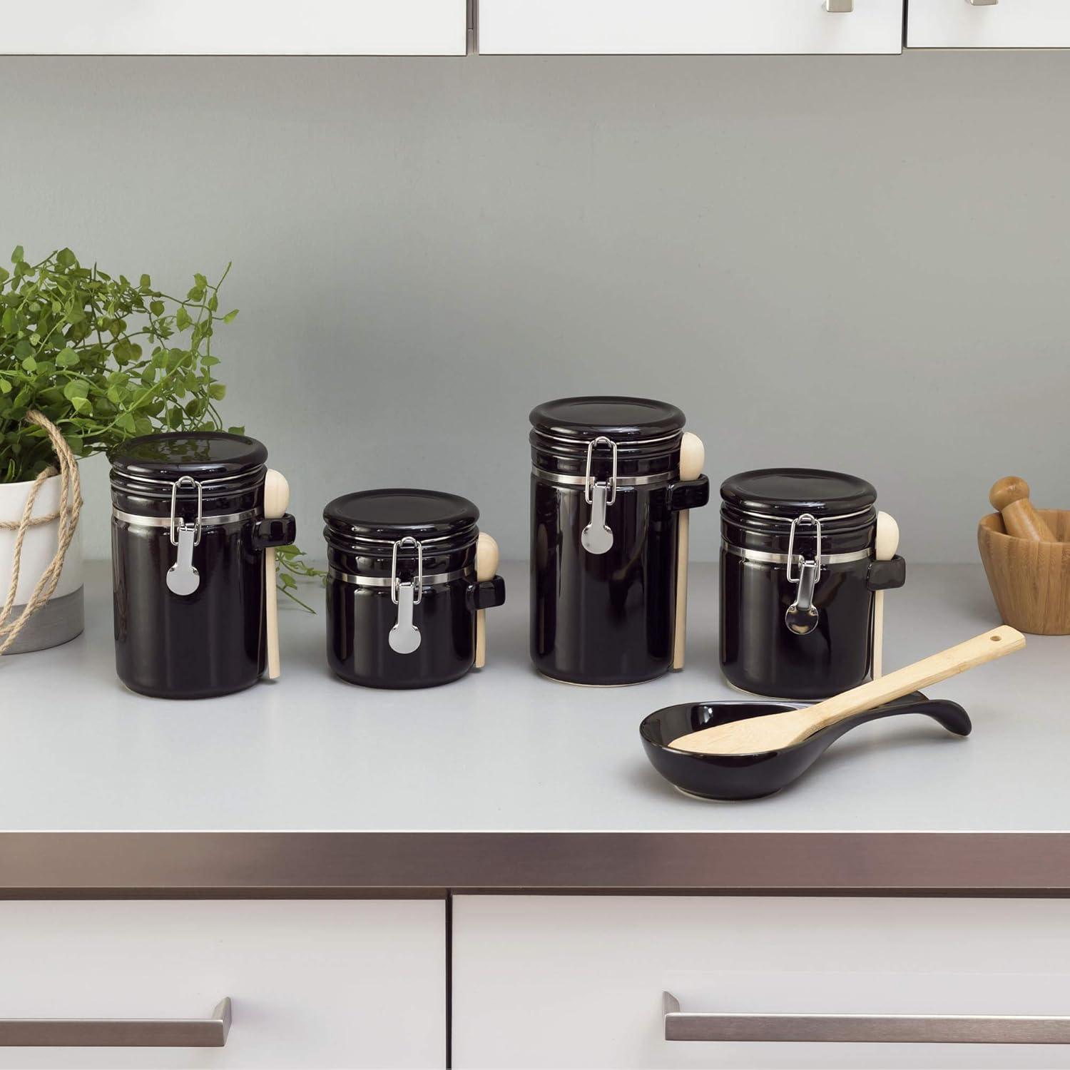 White Ceramic Canister Set with Wooden Spoons and Flip Top Lid