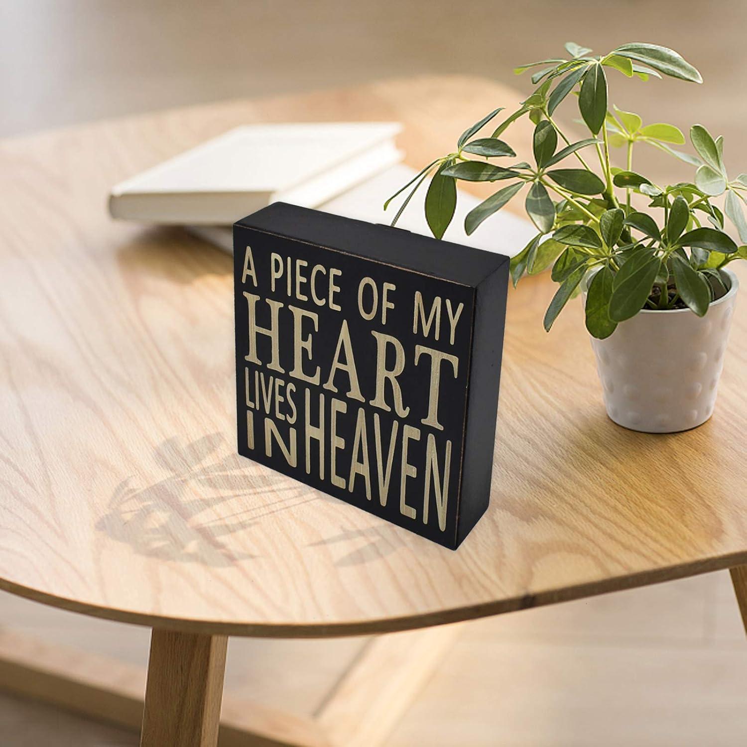 Rustic Box Sign Decor with Saying Wood Plaque Hanging Wall Art Sign, 5.9" x 5.9" Primitive Box Sign Hanging Decoration Wooden Wall Decor Sign A Piece Of My Heart Lives In Heaven Home Decor Accent