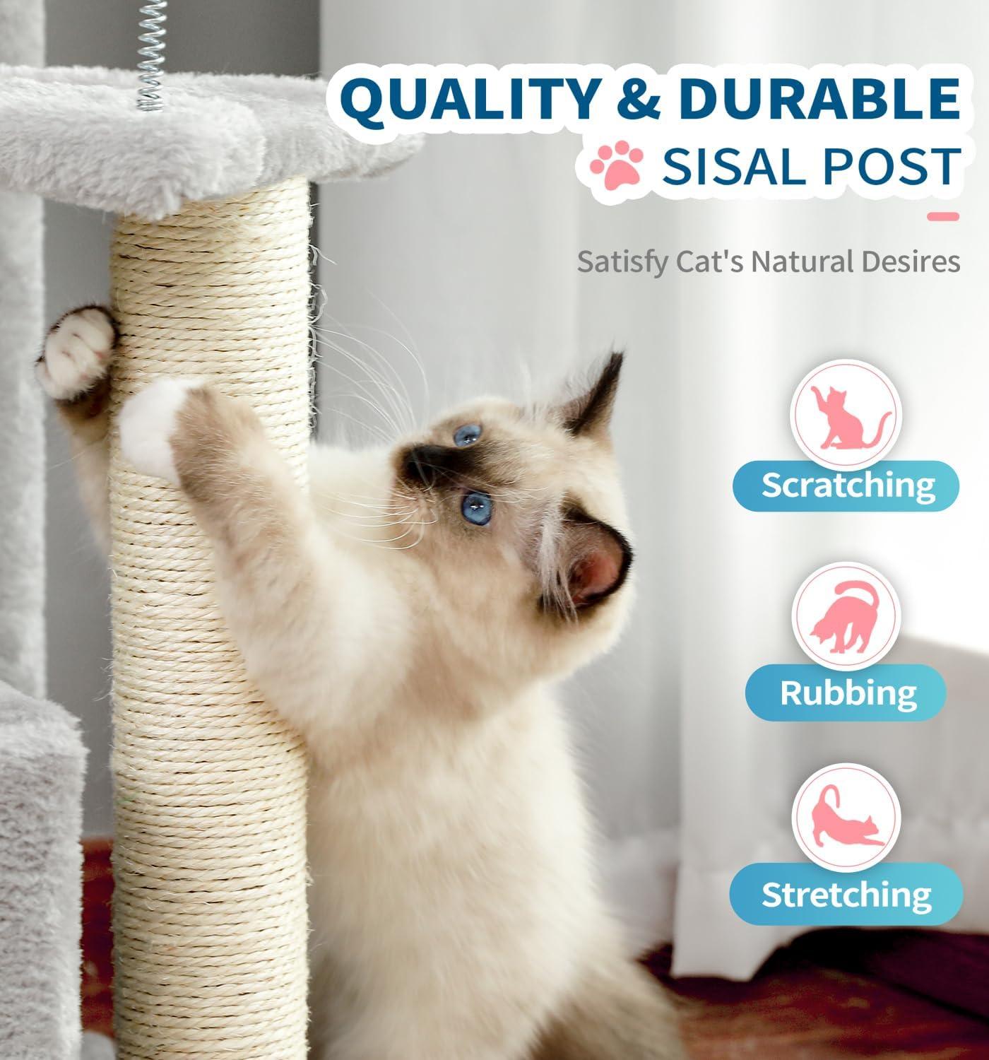 Cat Tree, Carpet Cat Tower Grey for Indoors Cats, Cute Wood Kitty Condo with Scratching Post and Pad, 29" Multi-Level Modern Activity Climbing Furniture for Small and Medium Cats