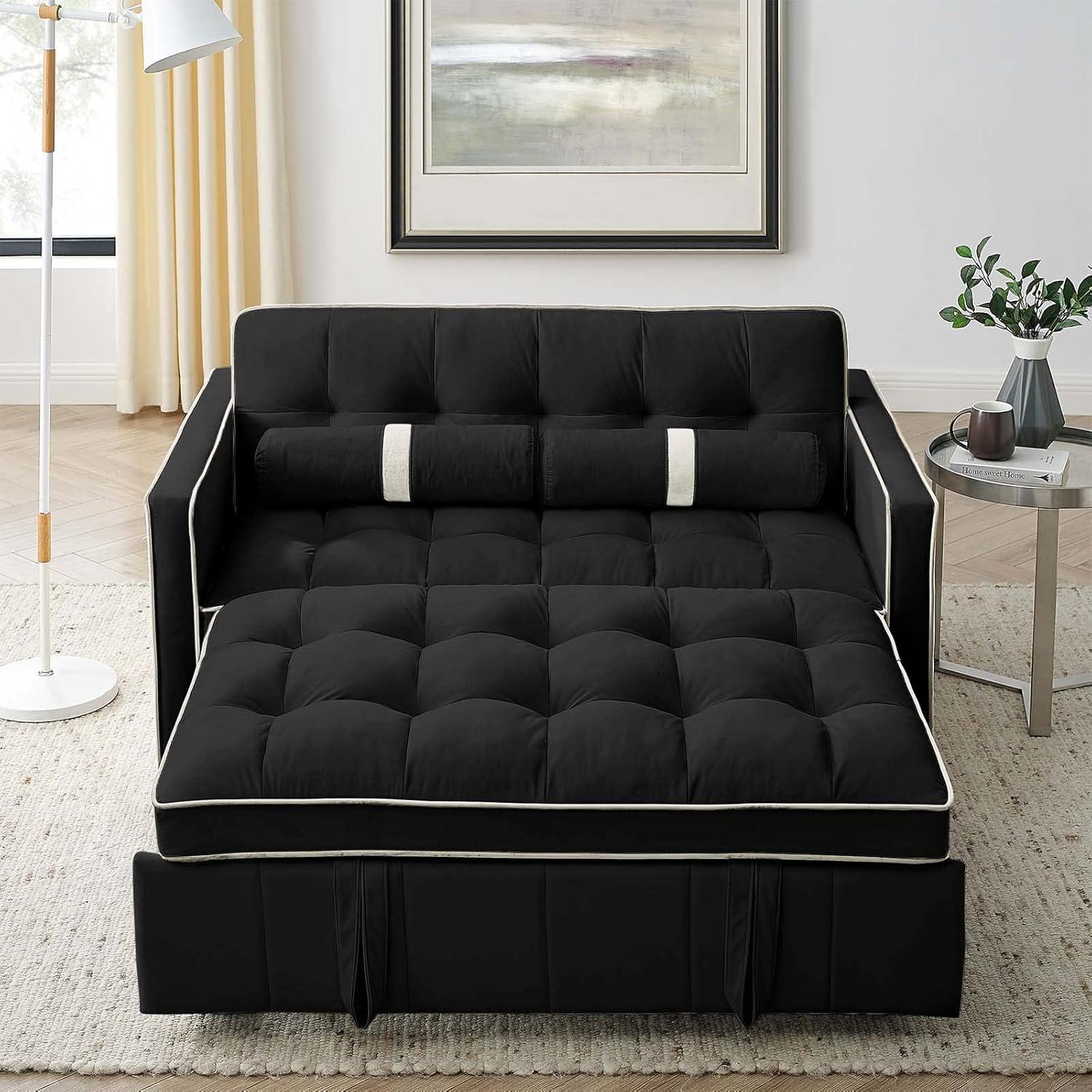 3 in 1 Convertible Sleeper Sofa Bed,55" Modern Velvet Sofa Couch Bed with 2 Lumbar Pillows and Adjsutable Backrest,2 Seater Loveseats Sofa for Apartment Office Living Room,Black