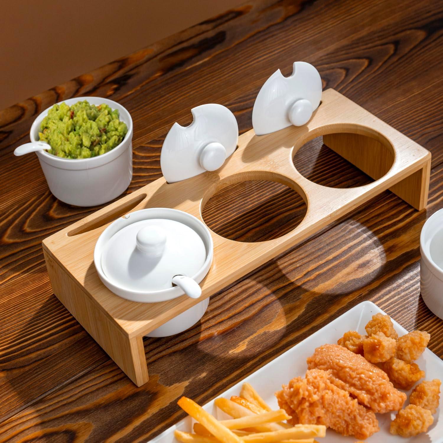 Stack man 10 Piece Condiment Pot Serving Set Includes Premium Solid Bamboo Wood Raised Display Server Tray And 3 Ceramic Ramekin Dip Bowls With Lids And Spoons