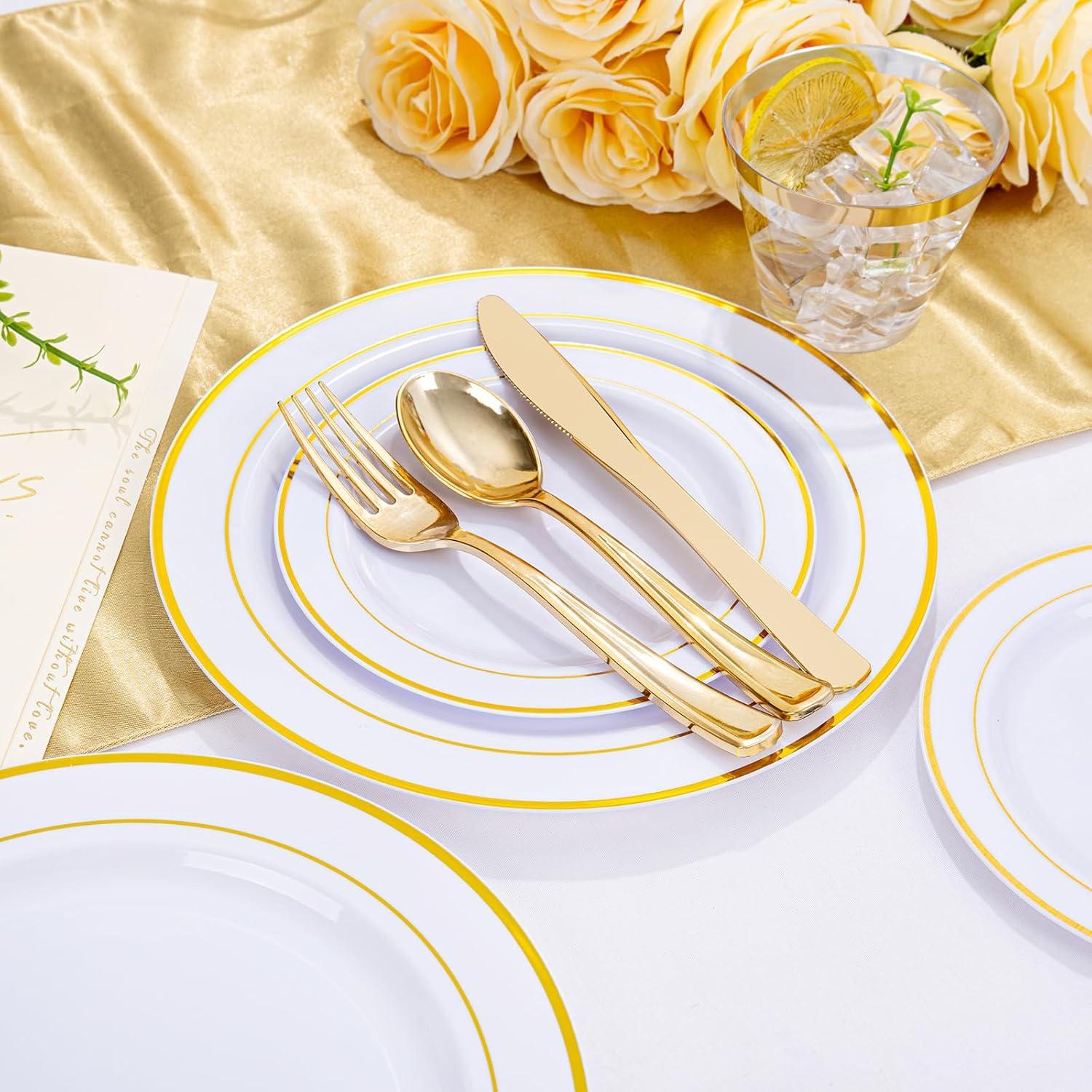 Gold Disposable Dinnerware Set for 100 Guests - 600PC BPA-Free Plastic Plates & Cutlery Kit with 100 Dinner Plates, Salad Plates, Forks, Knives, Spoons & Cups for Wedding, Party, Catering (Heavy-Duty)