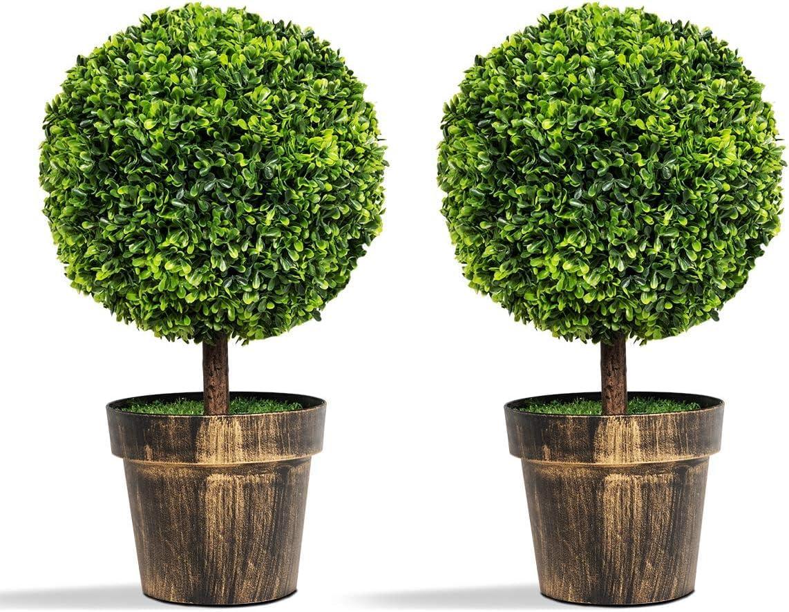 22" Green Artificial Boxwood Topiary Trees in Bronze Cement Pots, Set of 2