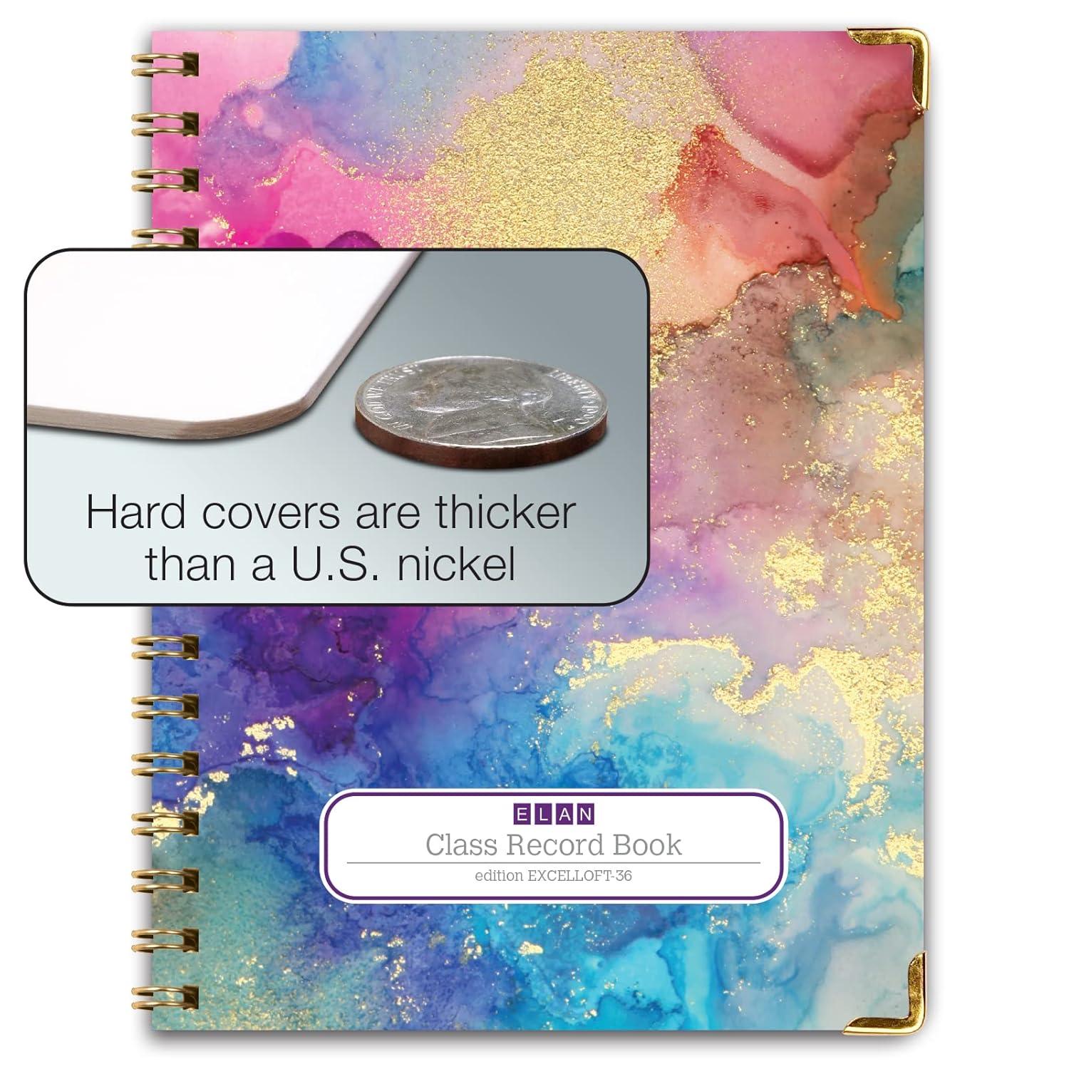 Elan Publishing Company HARDCOVER 6 Period Teacher Lesson Plan - Days Vertically Down The Side with Bonus Clip-in Bookmark (Rainbow Gold Marble)