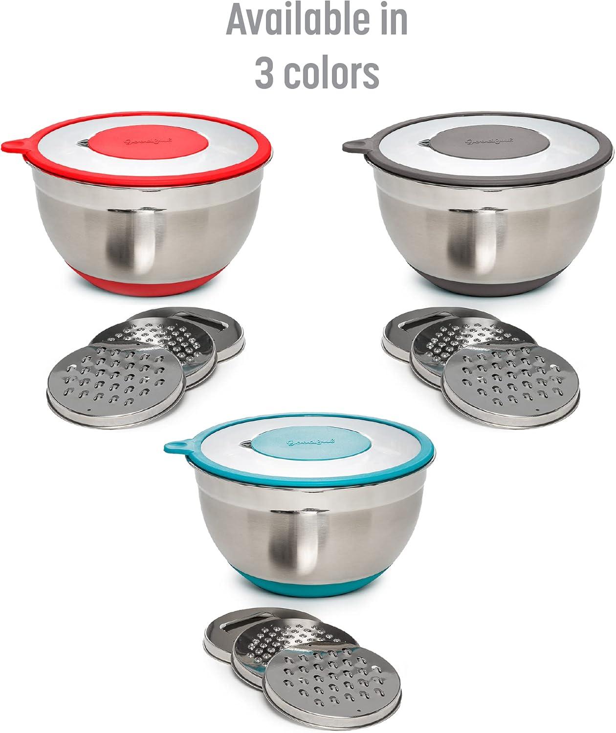 Goodful Stainless Steel Mixing Bowl with Non-Slip Bottom, Lid and 3 Interchangeable Grater Inserts (Fine, Coarse, Slicing), 5 Quart, Red