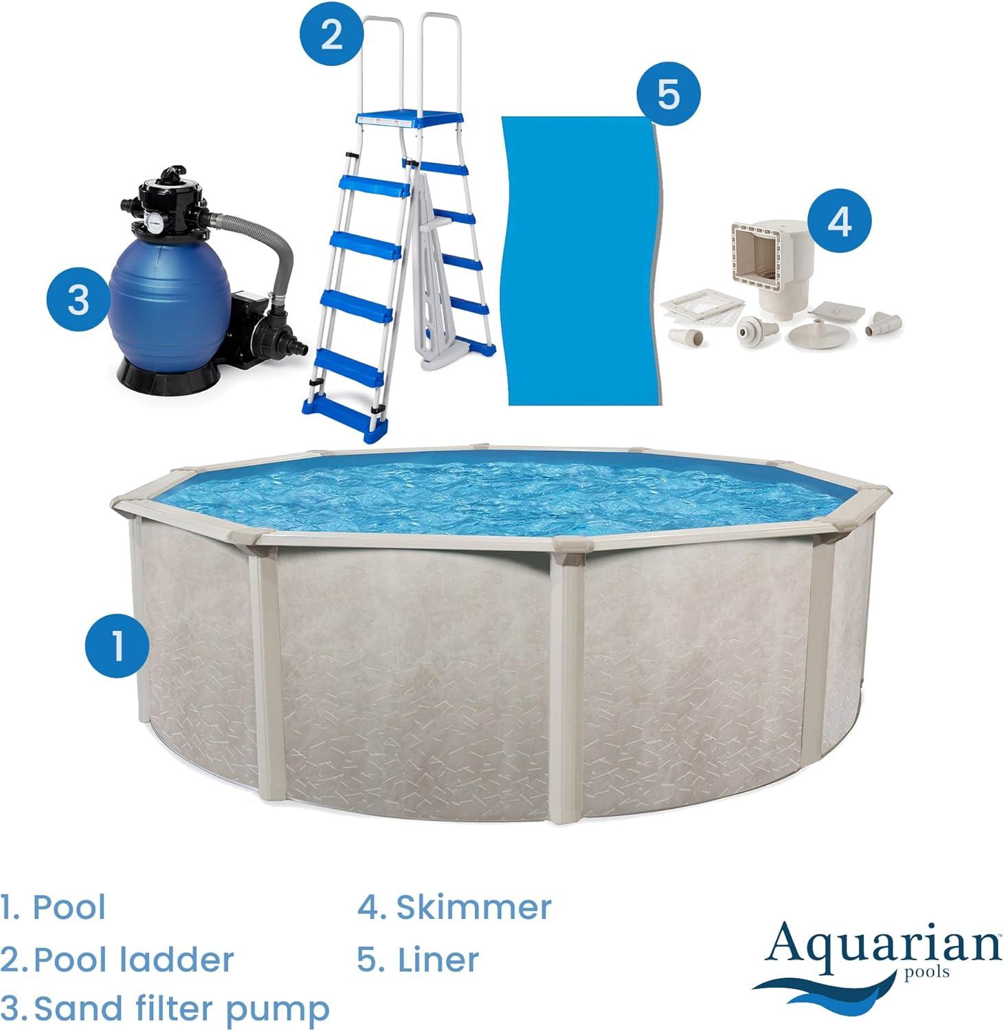 Aquarian Phoenix 18' x 52" Steel Frame Above-Ground Pool Kit, DIY Family Size Backyard Pool with Sand Filter Pump, Ladder, Liner, & Thru-Wall Skimmer